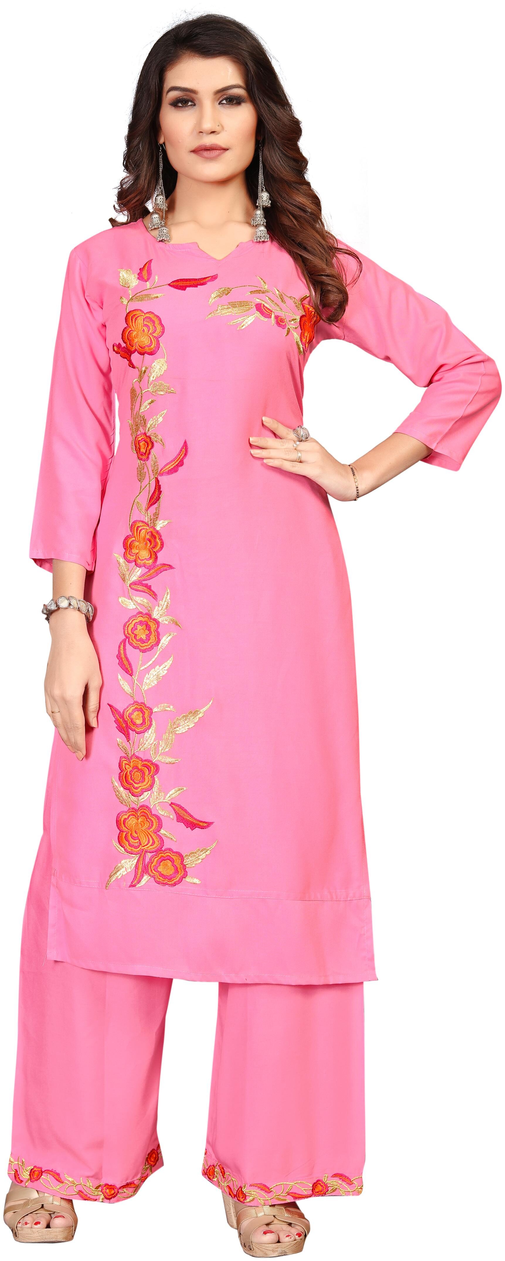 

Women Embroidred Straight Fit Rayon Kurti With Embroidred Medium Length Rayon Palazzo - Pink