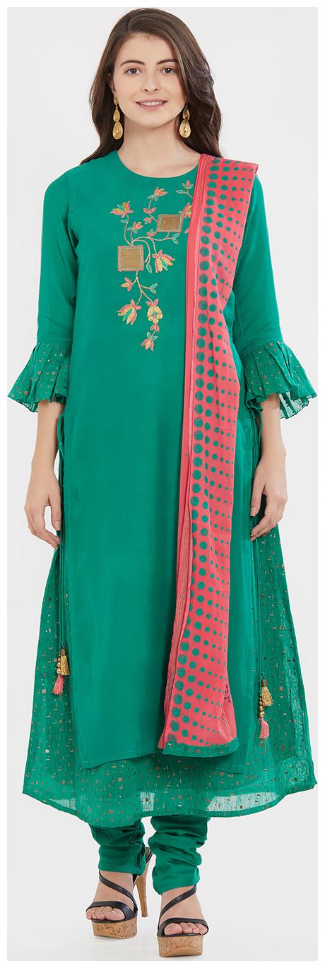 

Women Embroidered Green Kurta Churidar Set with Dupatta