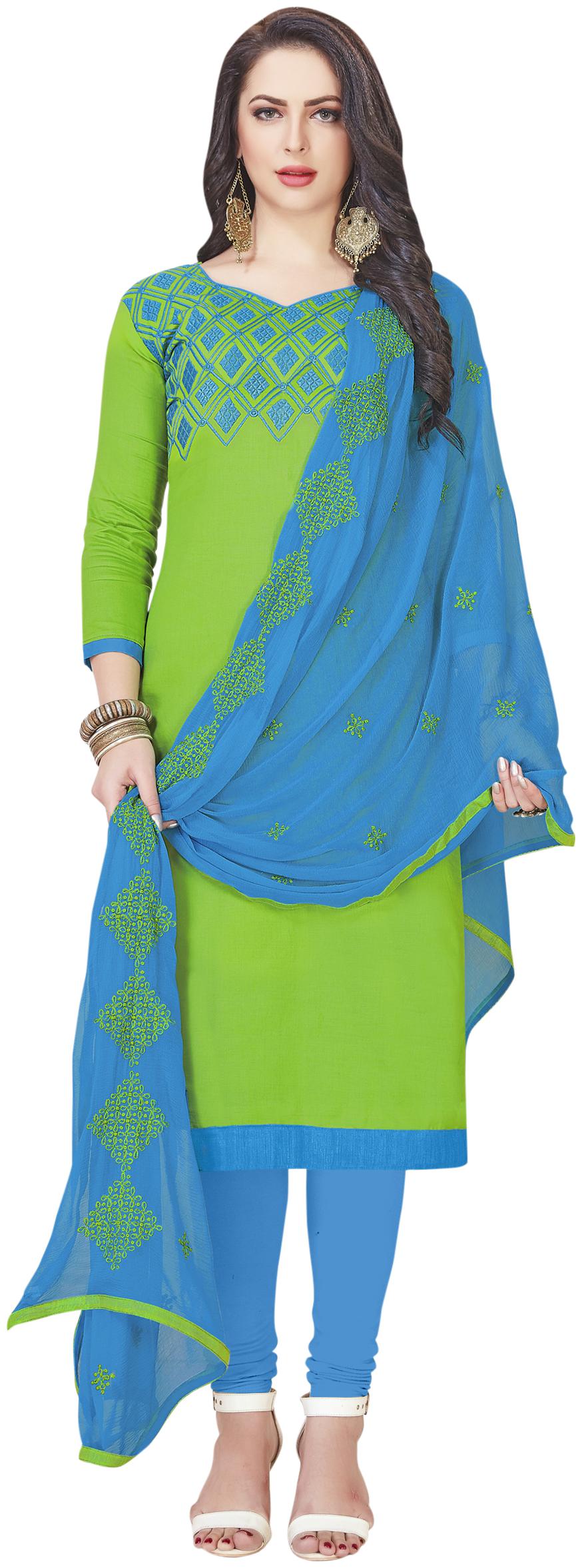 

Women Green Semi Stitched Embroidered Cotton Dress Material