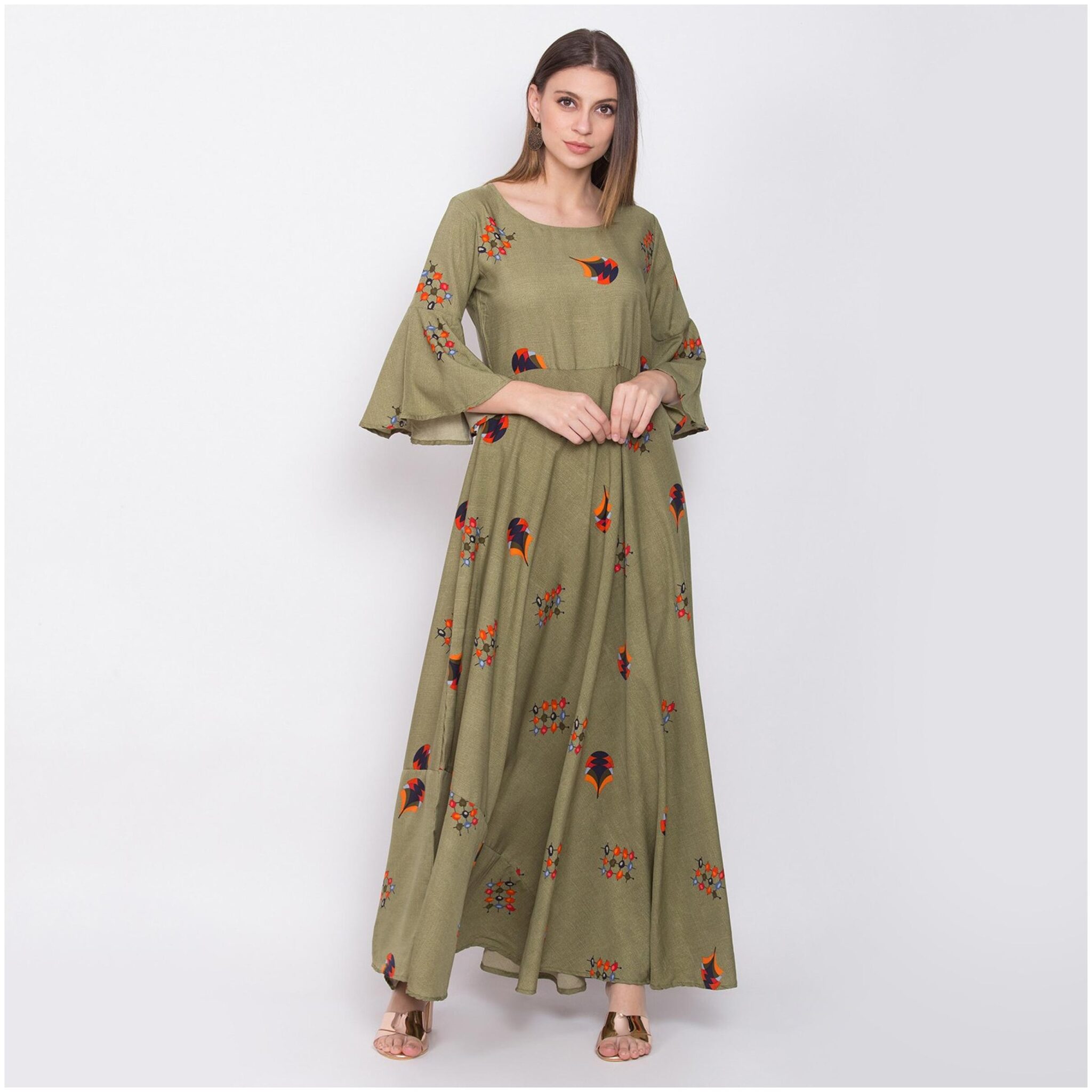 

O Madam Green Printed Maxi dress