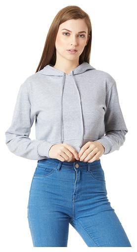 Miss Chase Women\'s Grey Round Neck Full Sleeve Cotton Solid Hooded Crop Sweatshirt by Miss Chase
