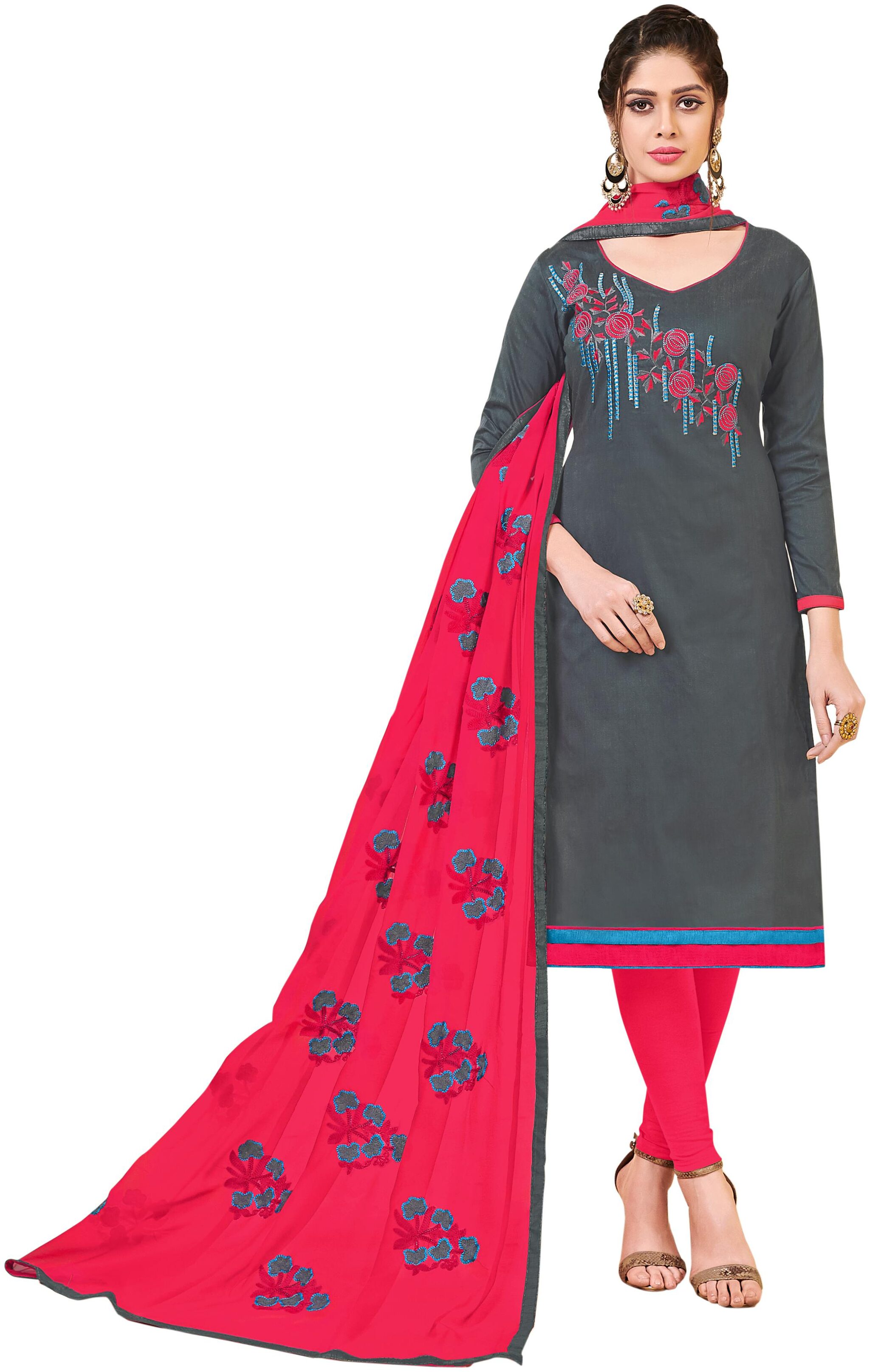 

Women Grey Semi Stitched Embroidered Bangalori Slub Dress Material