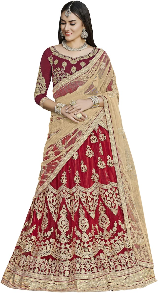 Women Maroon emi tiched Embroidered Banagalori ilk Lehenga Choli