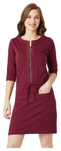 

Women Maroon Round Neck 3 4 Sleeve Cotton Solid Zippered Mini Shift Dress