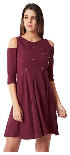 

Women Maroon Round Neck 3 4 Sleeve Cotton Solid Cut-Out Knee-Long Pearl Detailing Cold Shoulder Dress