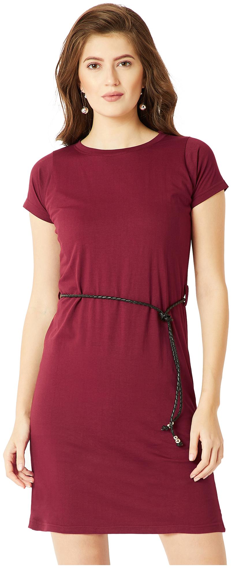 

Women Maroon Round Neck Short Sleeve Cotton Solid Mini Belted Shift T-Shirt Dress