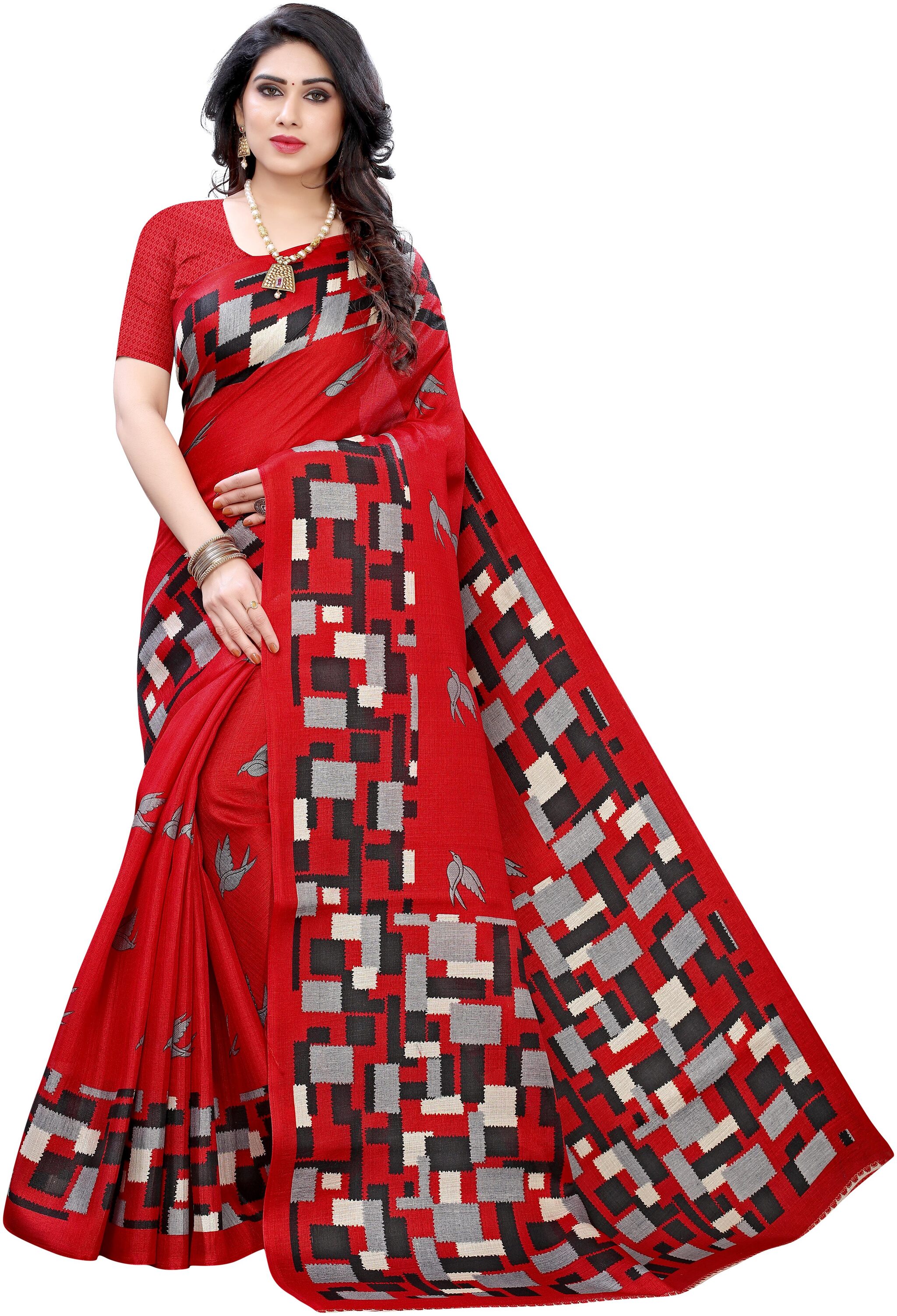 

Women Mode Artificial Silk Printed Red Regular Saree Women
