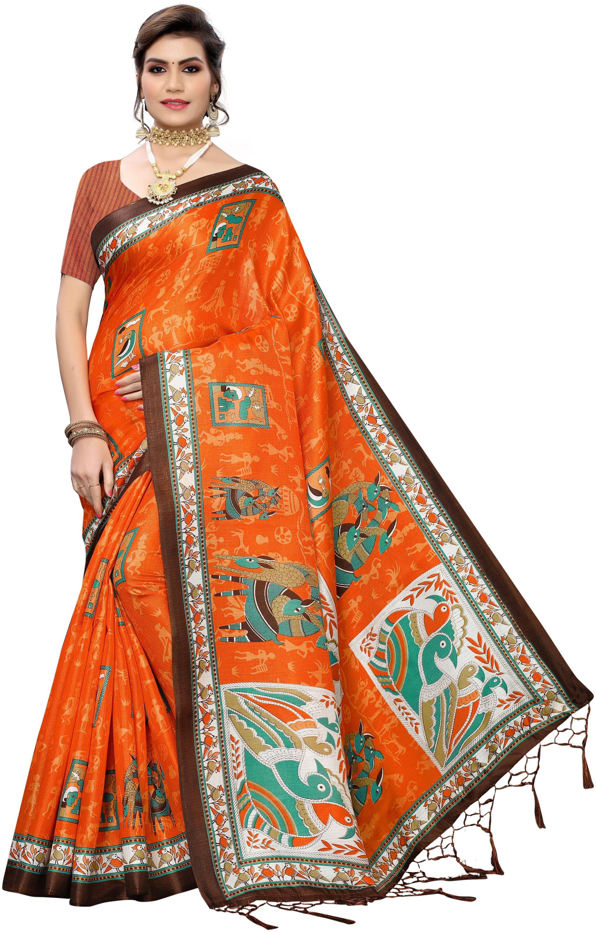 

Women Mode Artificial Silk Printed Daily Wear Saree For Women (Orange)