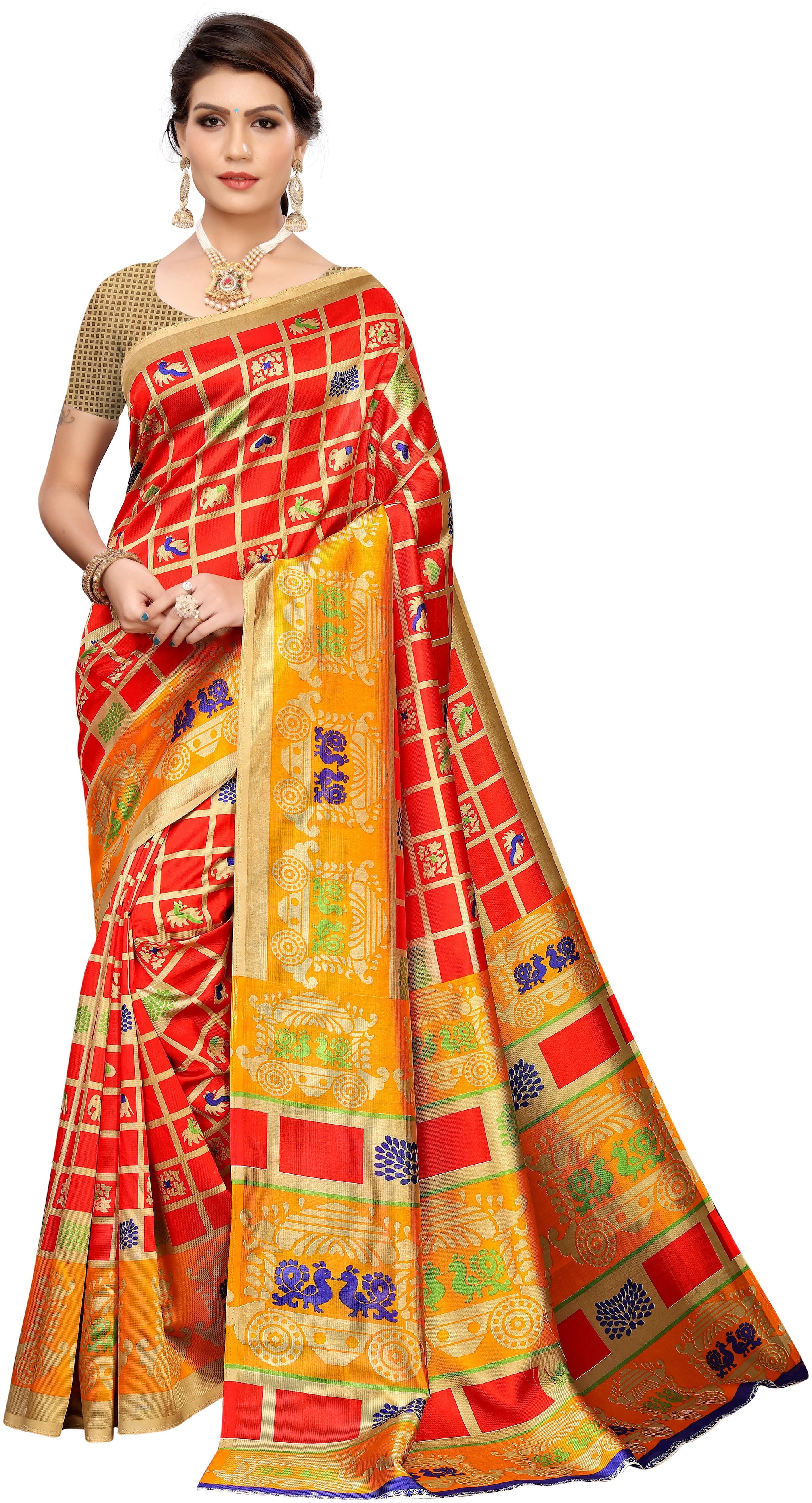 

Women Mode Artificial Silk Woven Red Color Saree With Blouse