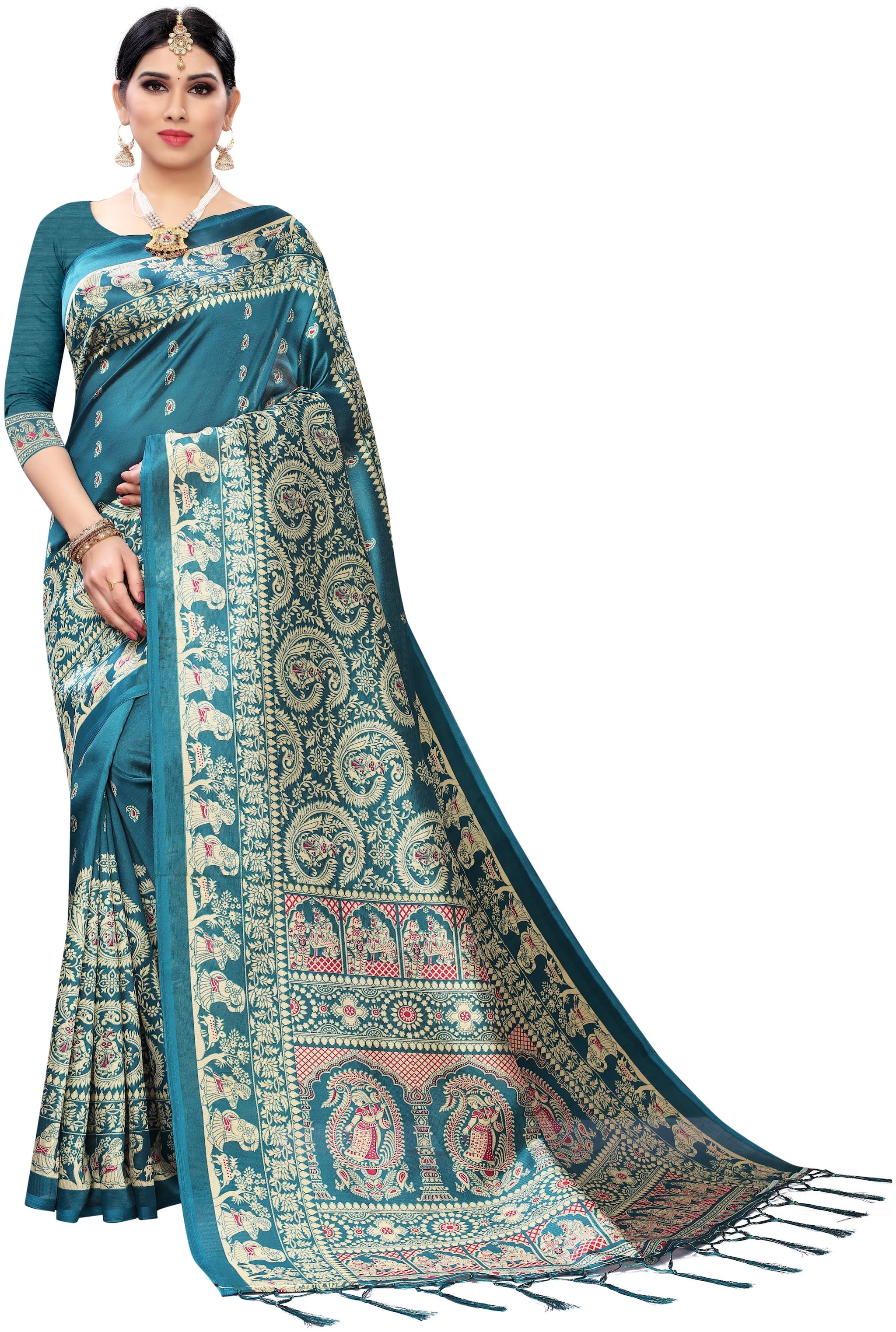 

Women Mode Artificial Silk Woven Green Color Saree with Blouse