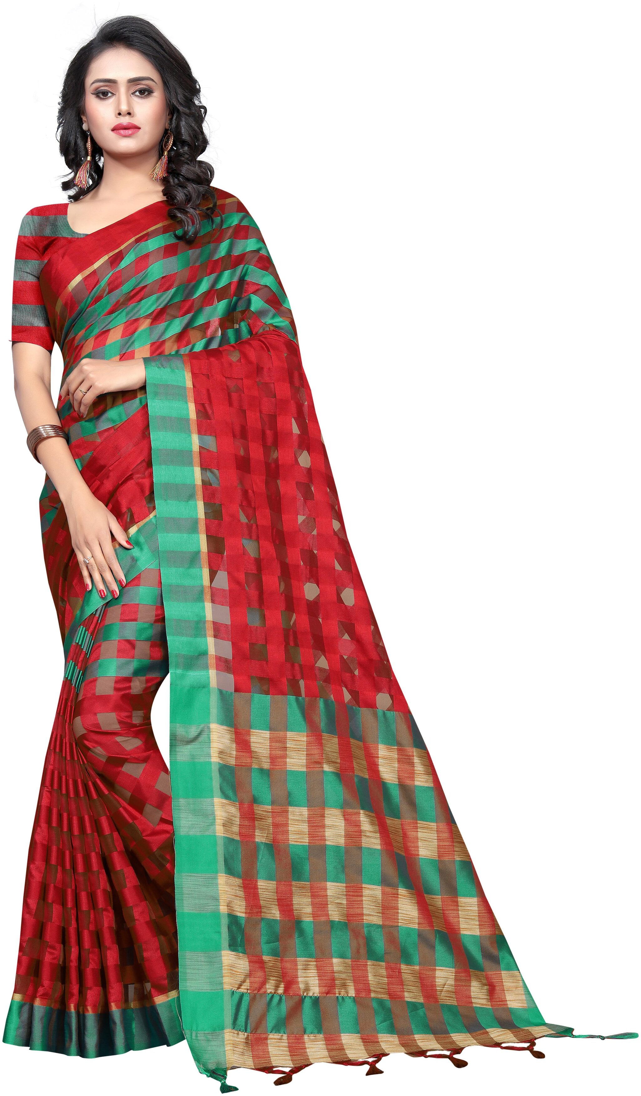 

Women Mode Cotton Blend Red Checkered Regular Saree For Women