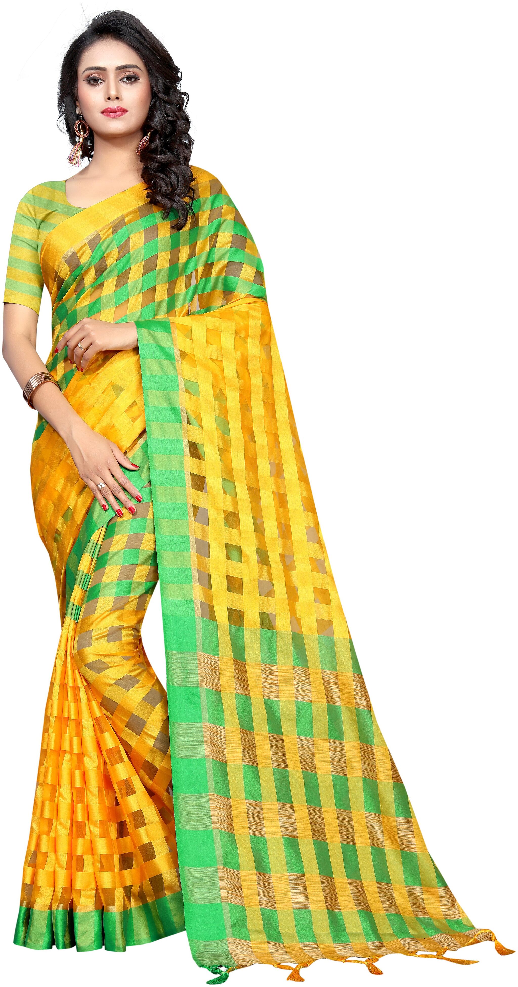 

Women Mode Cotton Blend Yellow Checkered Regular Saree For Women