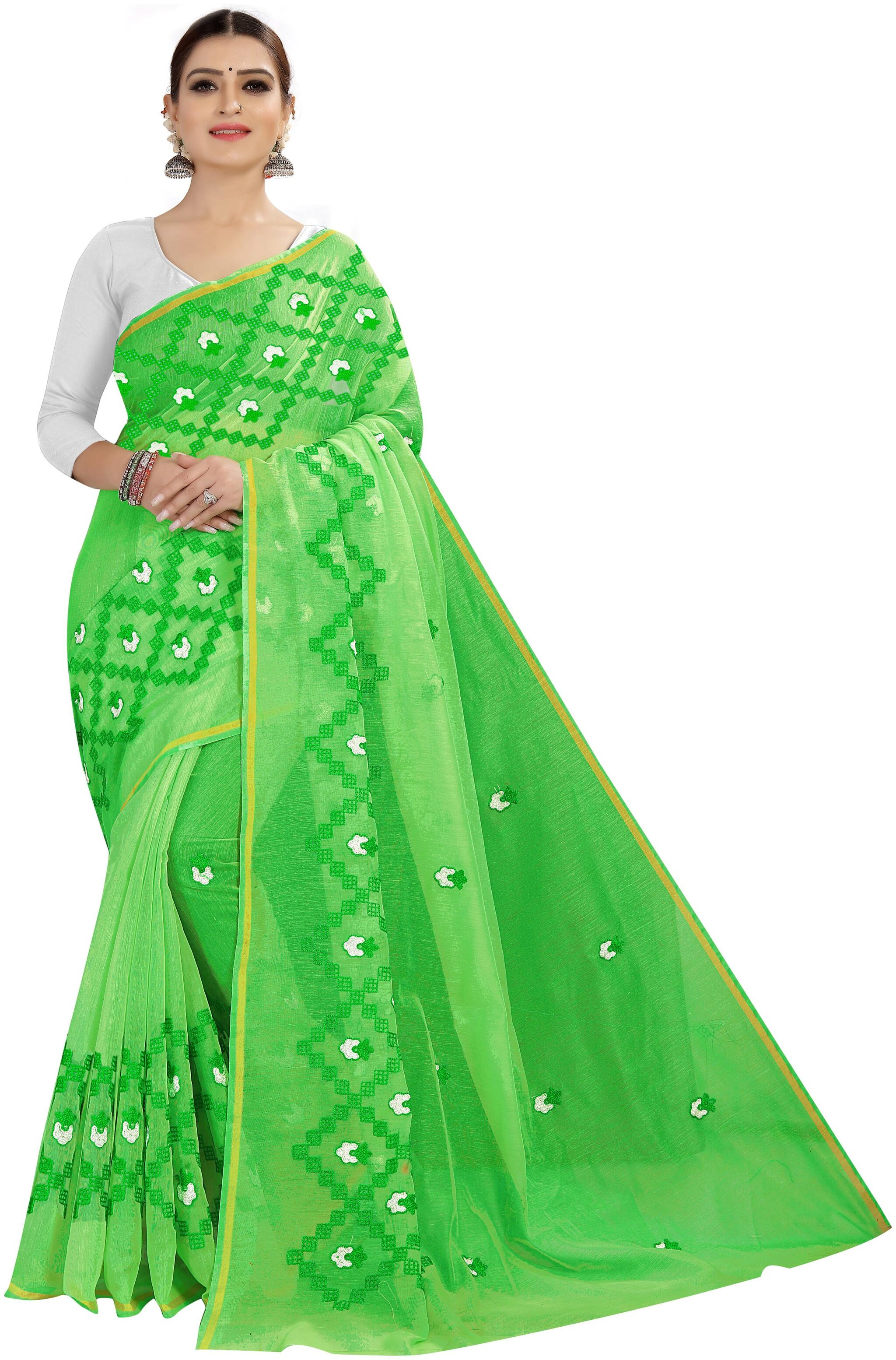 

Women Mode Cotton Blend Green Embroidered Regular Saree For Women