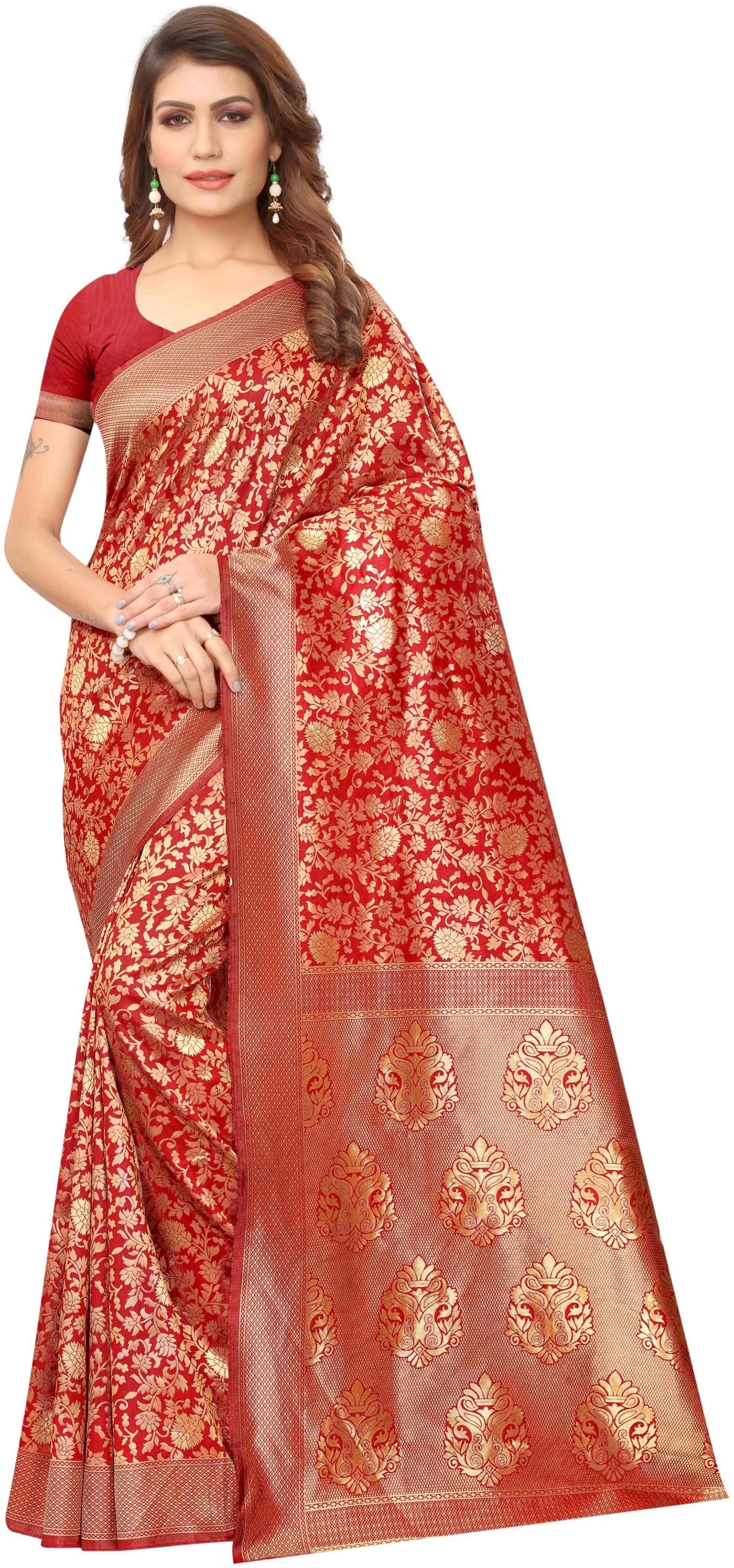 

Women Mode Cotton Blend Red Woven Designer Saree For Women