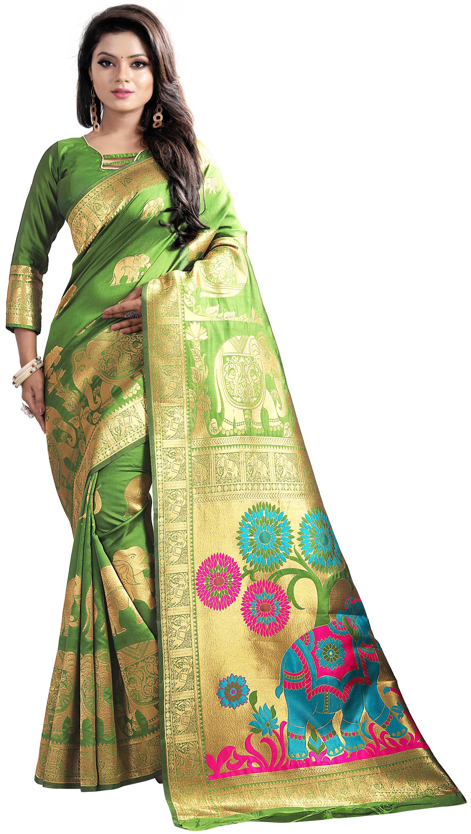 

Women Mode Cotton Blend Green Woven Designer Saree For Women