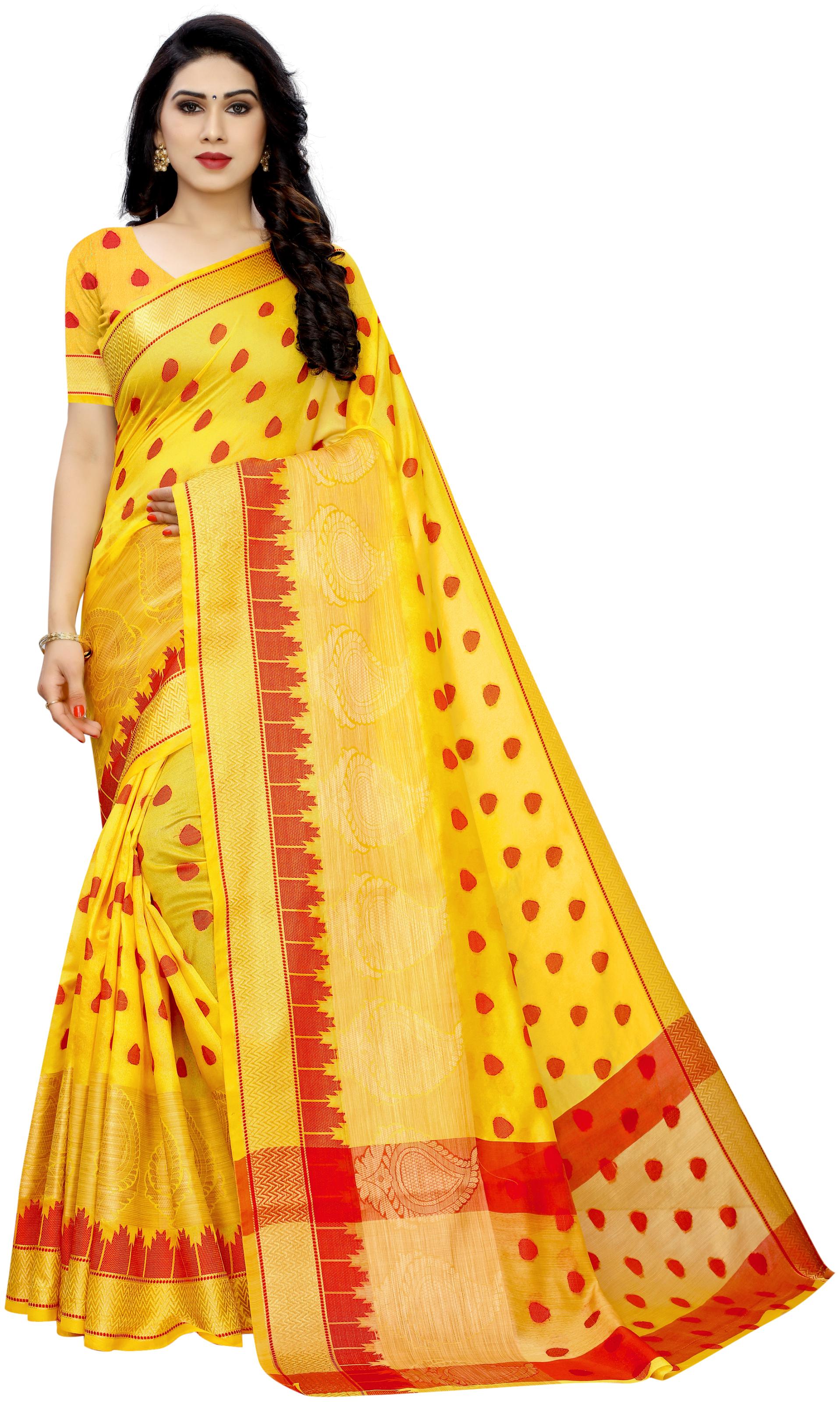 

Women Mode Cotton Blend Woven Yellow Color Saree With Blouse