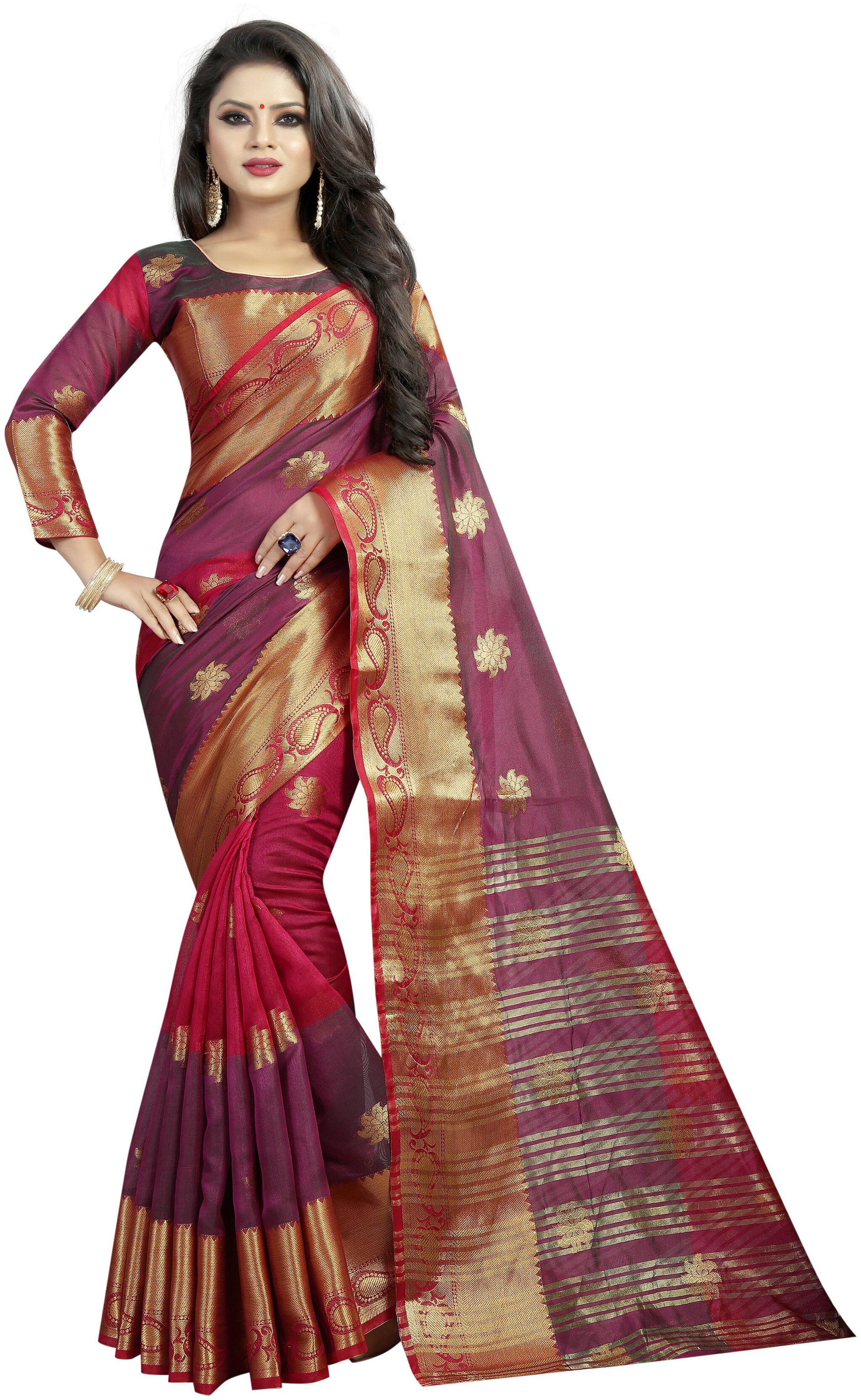 

Women Mode Cotton Blend Woven Maroon Color Saree With Blouse
