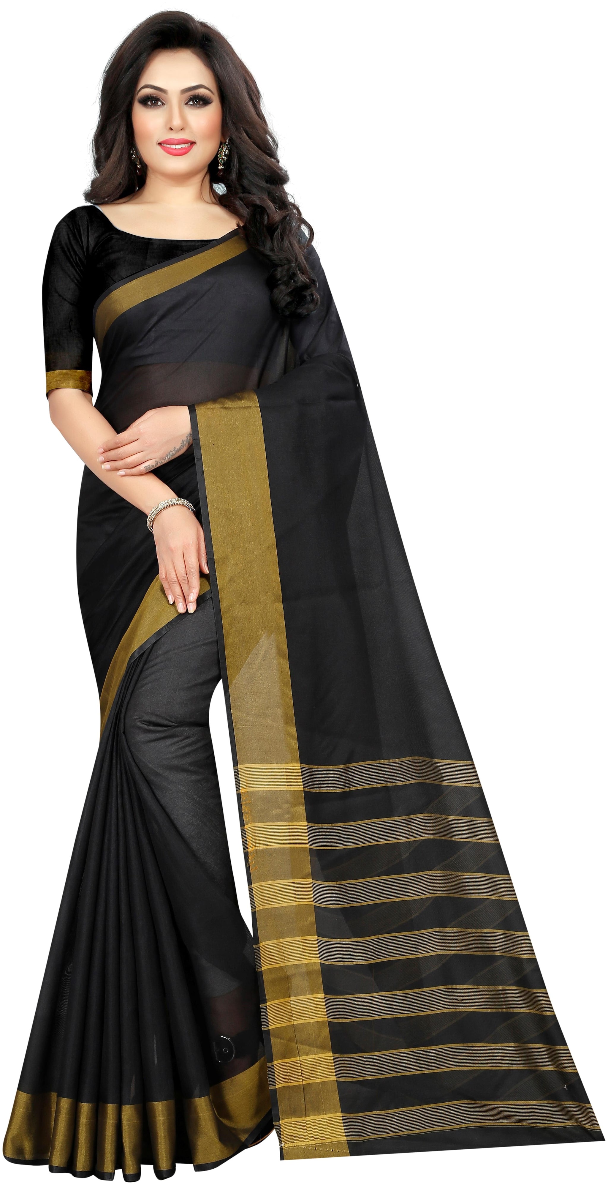 

Women Mode Cotton Blend Solid Black Color Saree With Blouse Piece For Women
