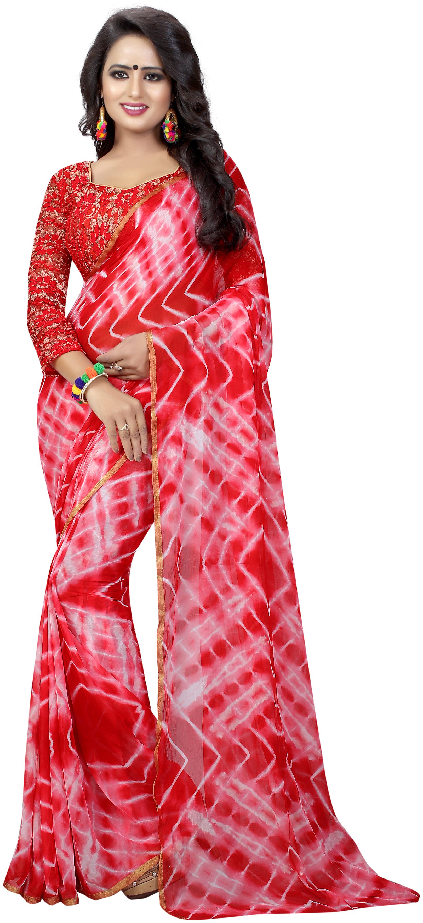 

Women Mode Chiffon Printed Daily Wear Saree For Women (Red White)