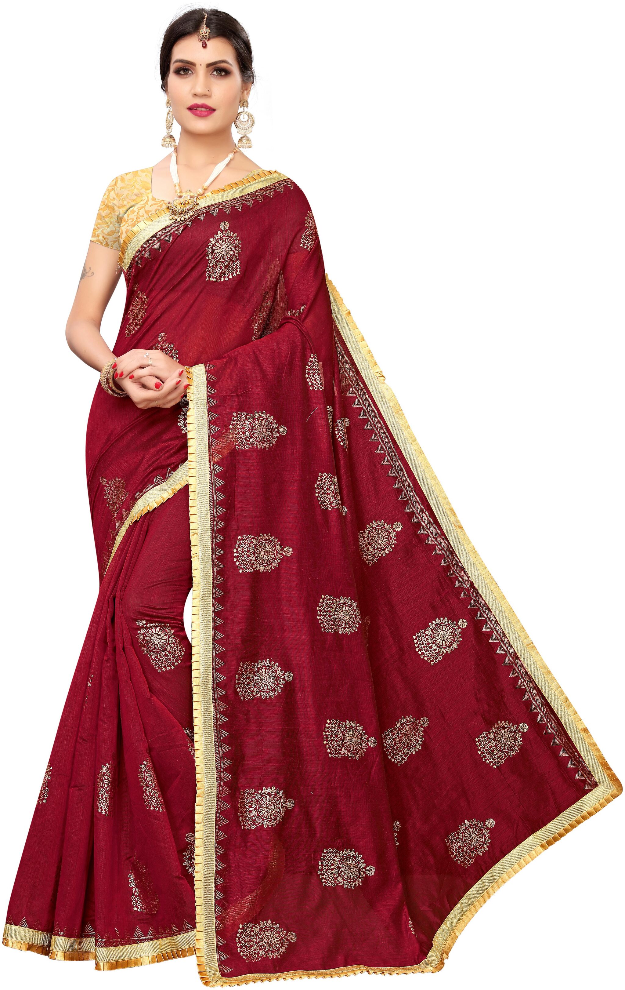 

Women Mode Cotton Blend Woven Maroon Color Saree with Blouse