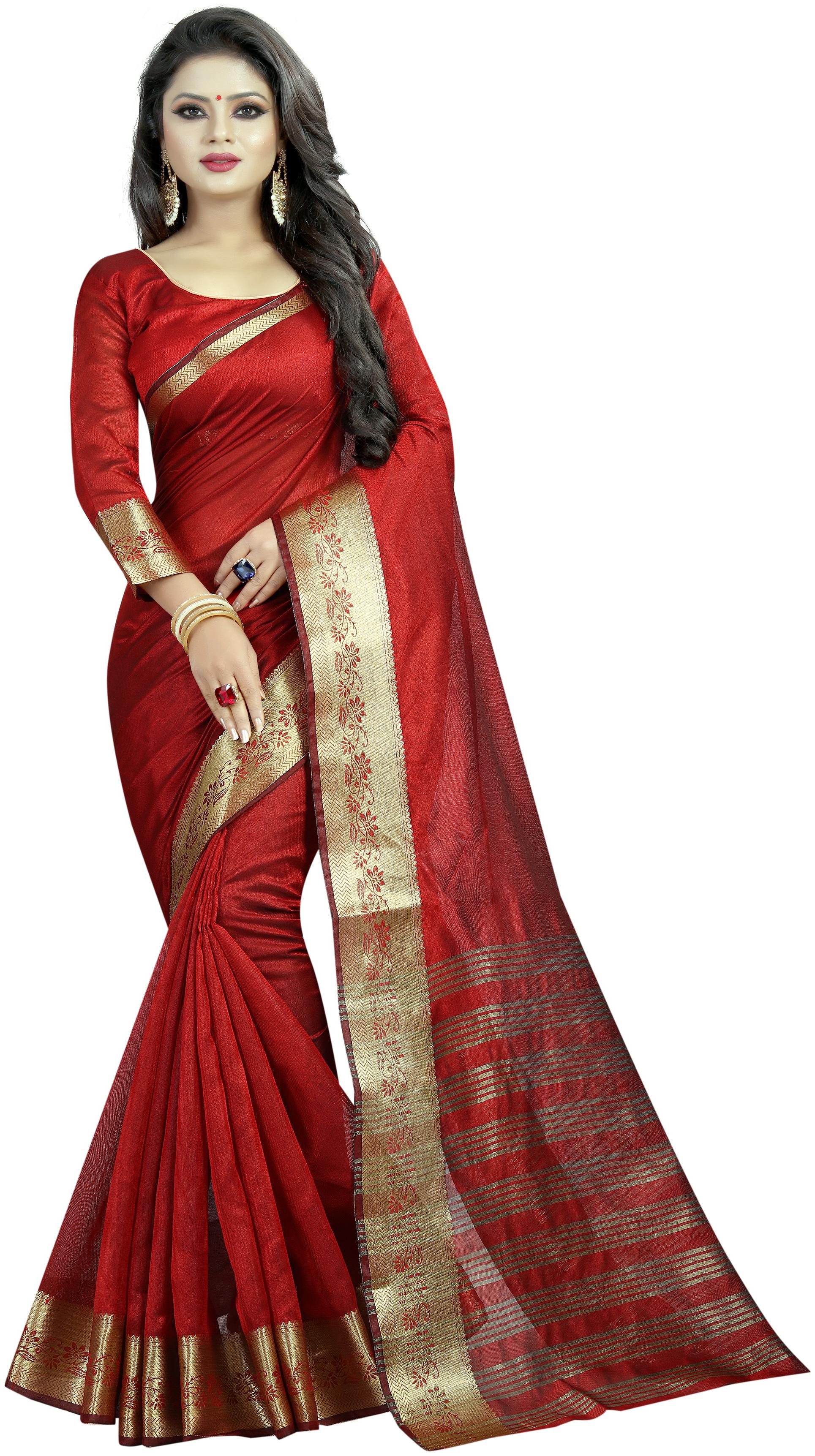 

Women Mode Cotton Blend Woven Red Color Saree With Blouse