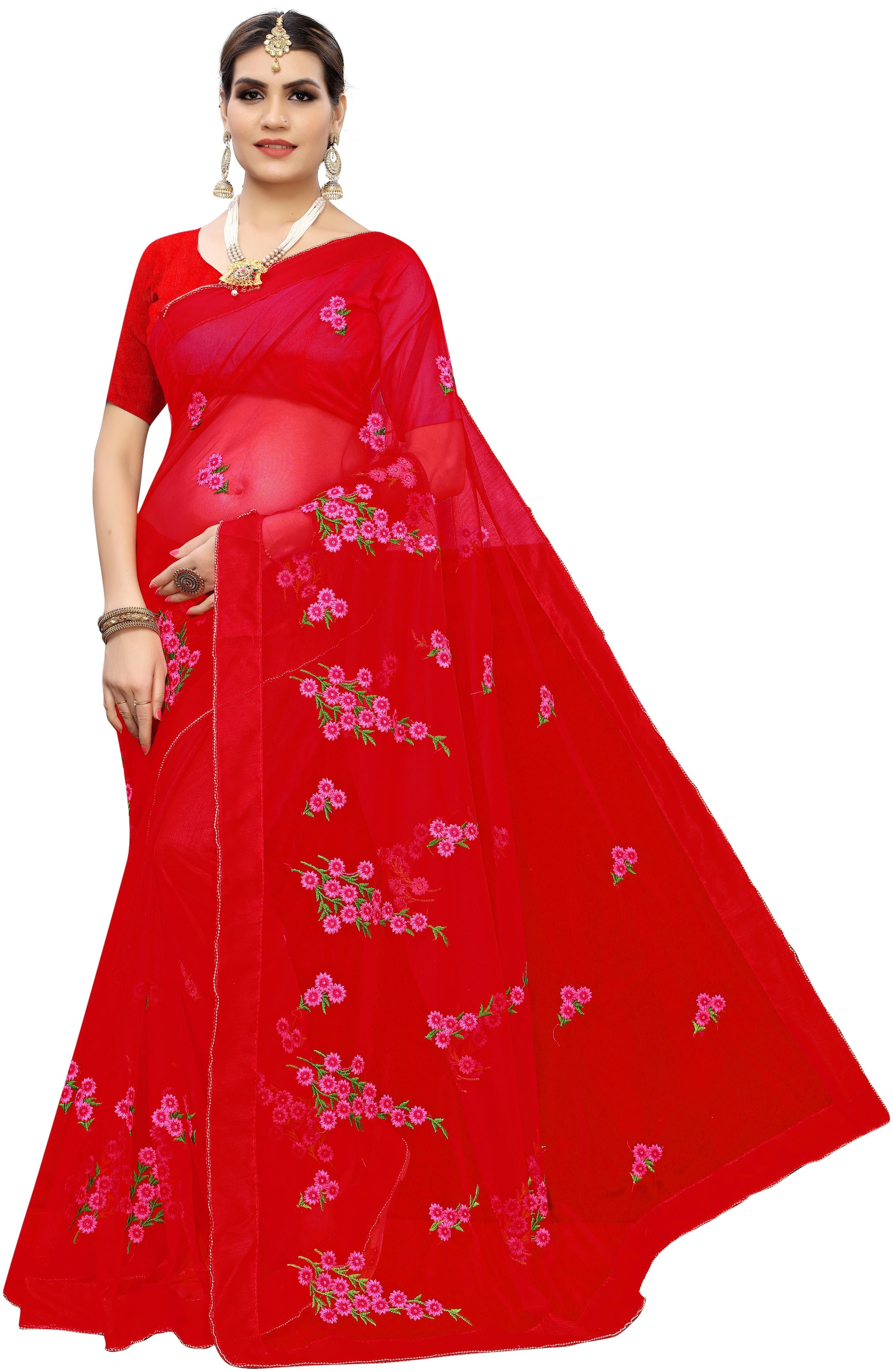 

Women Mode Cotton Blend Floral Red Color Saree with Blouse