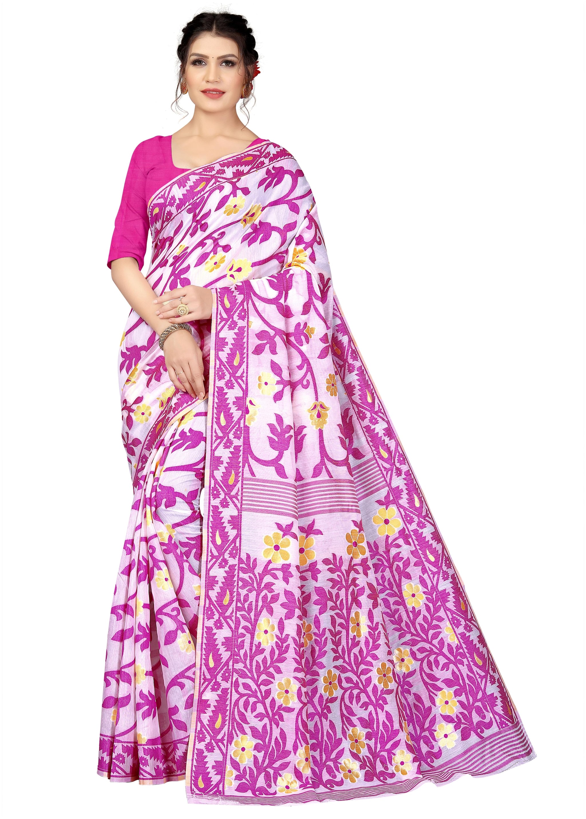 

Women Mode Cotton Blend Floral Purple White Color Saree With Blouse