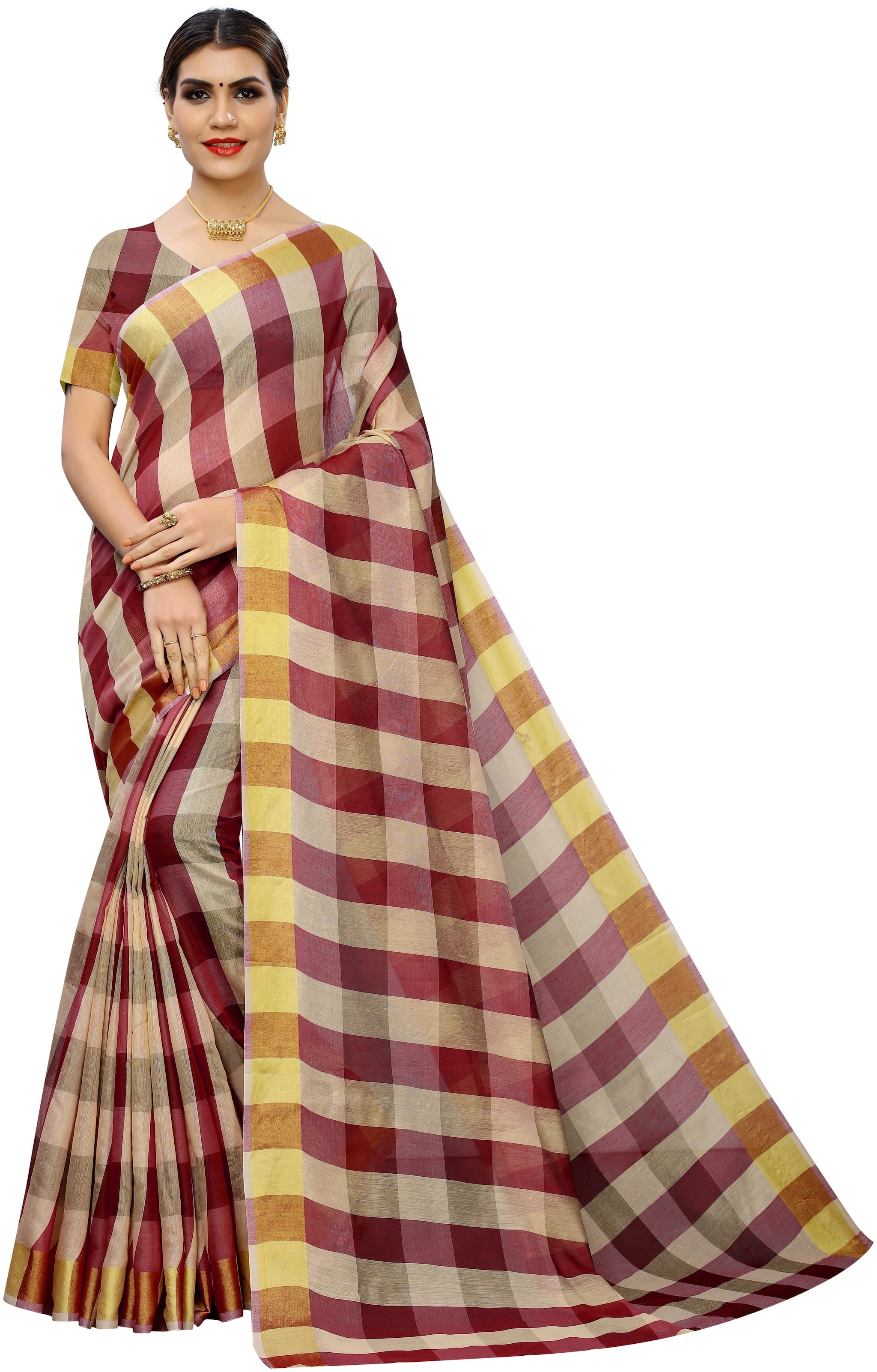 

Women Mode Cotton Blend Maroon Checkered Regular Saree For Women