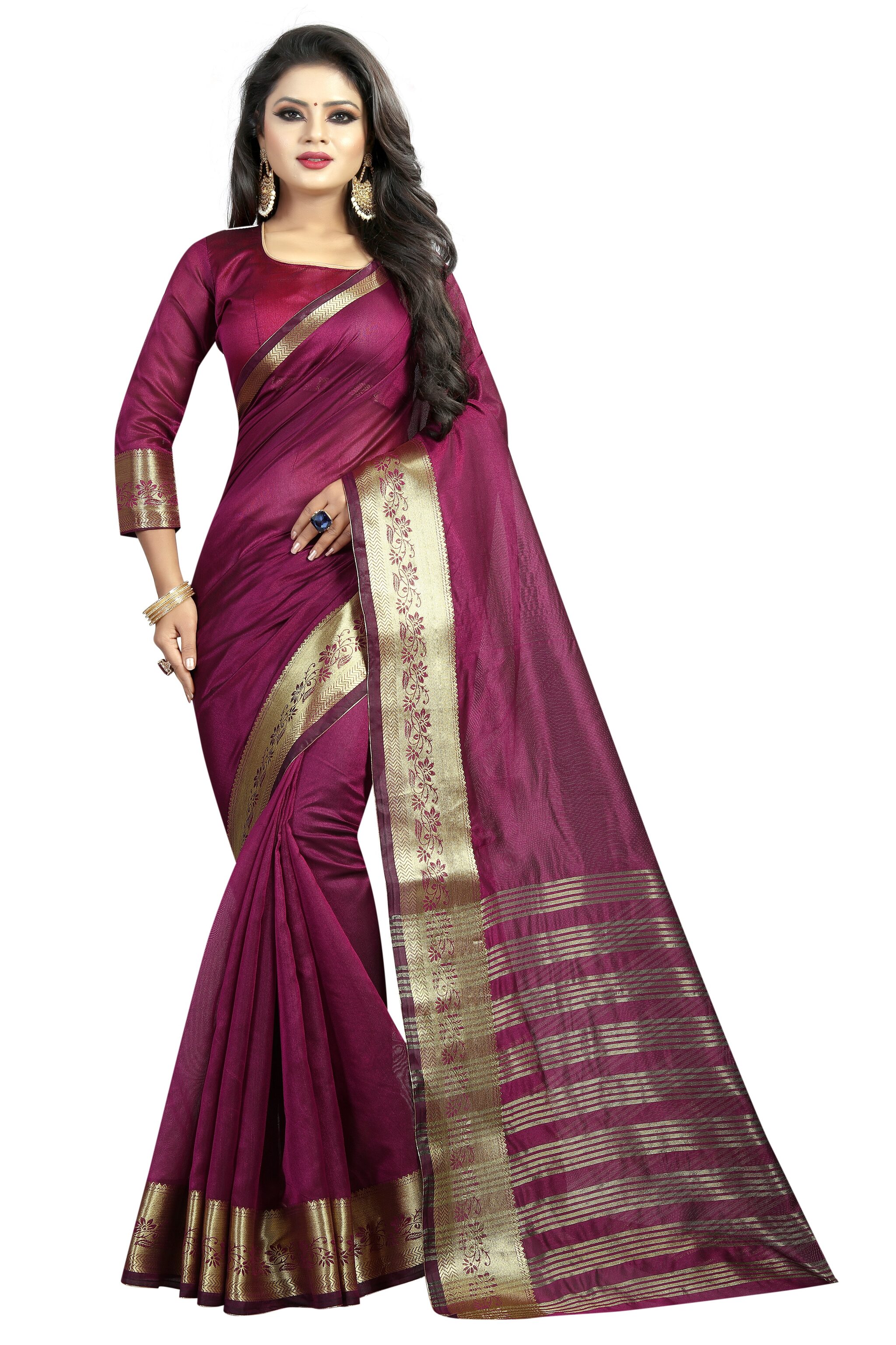 

Women Mode Cotton Blend Woven Wine Color Saree with Blouse