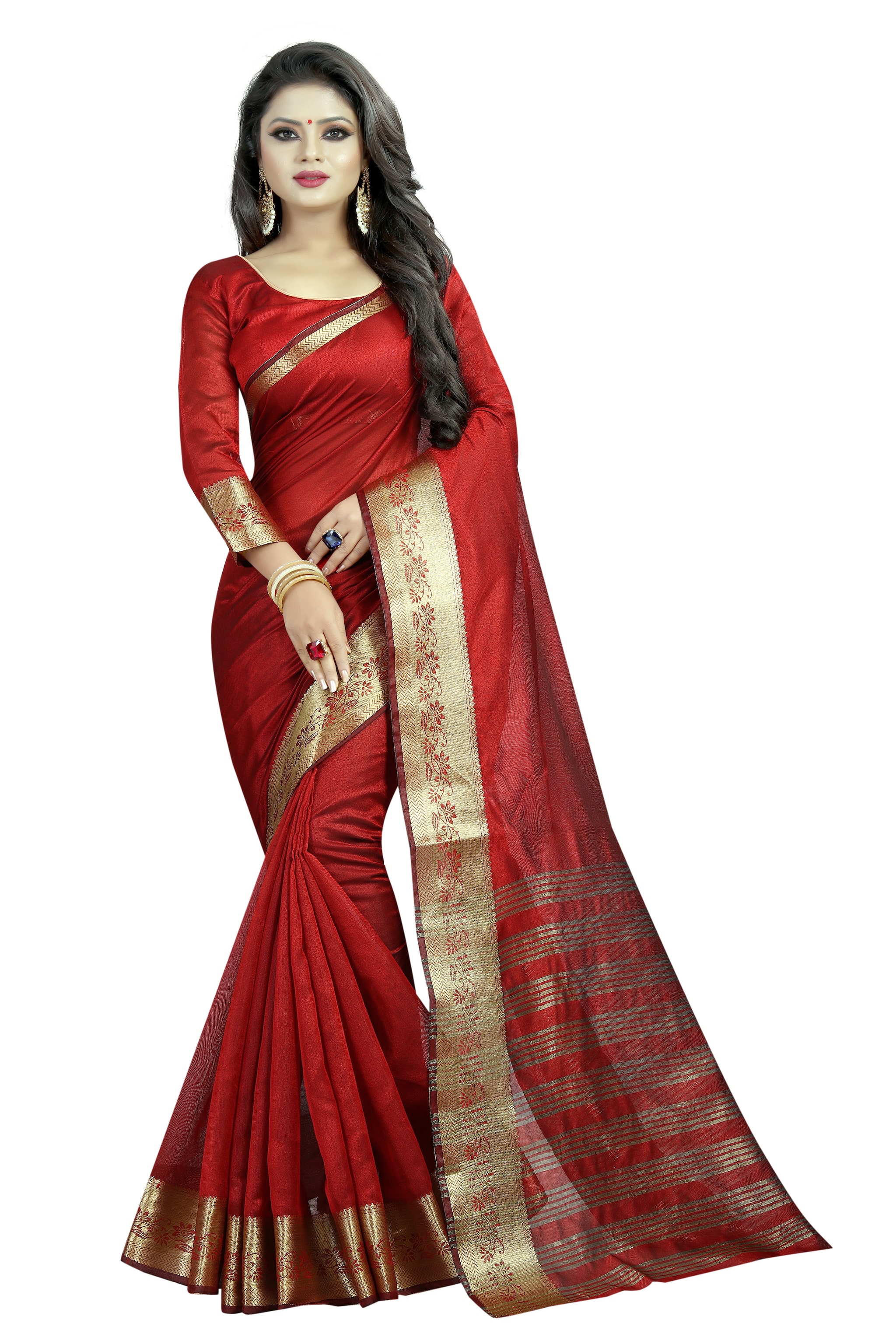 

Women Mode Cotton Blend Woven Red Color Saree with Blouse