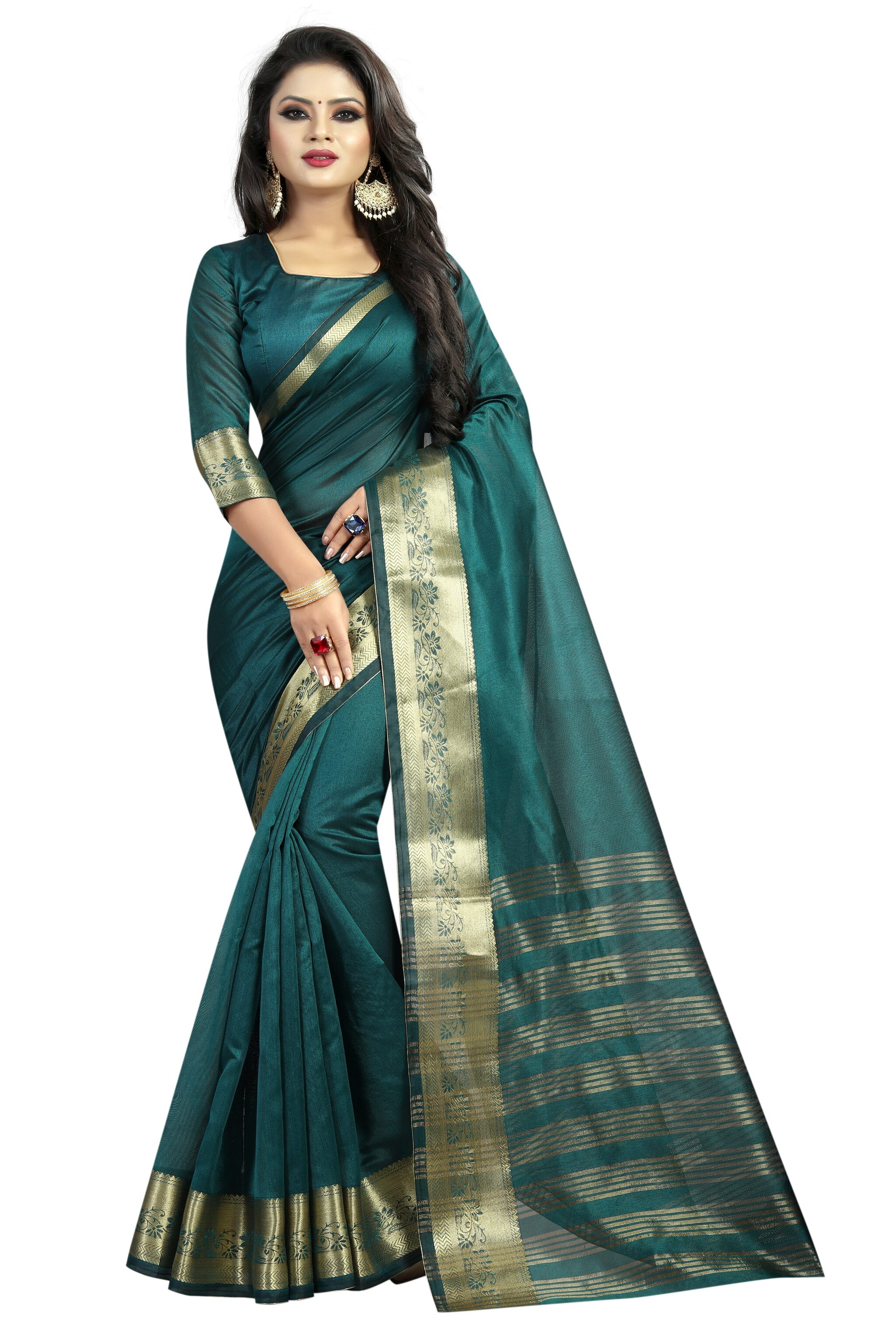 

Women Mode Cotton Blend Woven Green Color Saree with Blouse