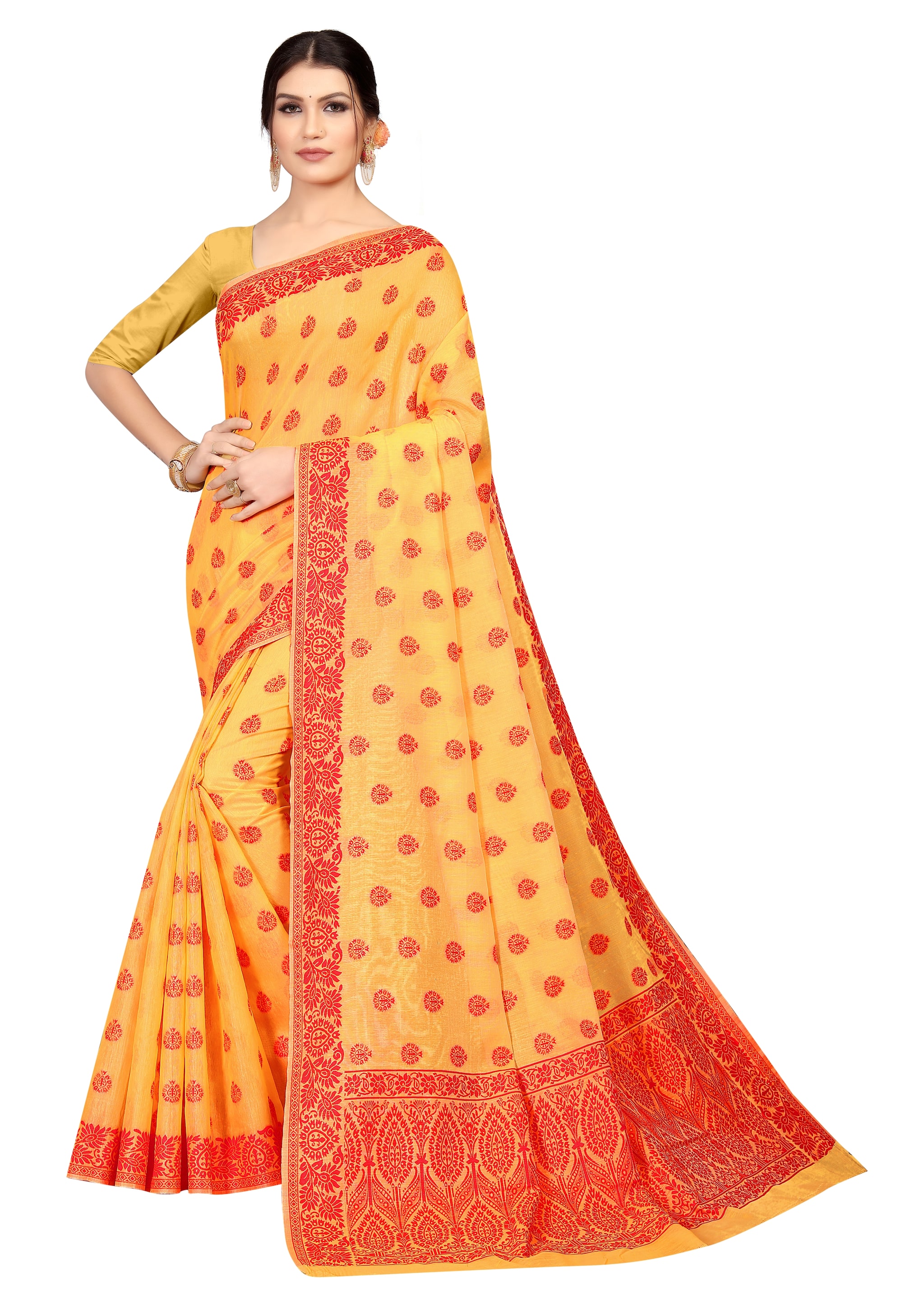 

Women Mode Cotton Blend Printed Yellow Color Saree with Blouse