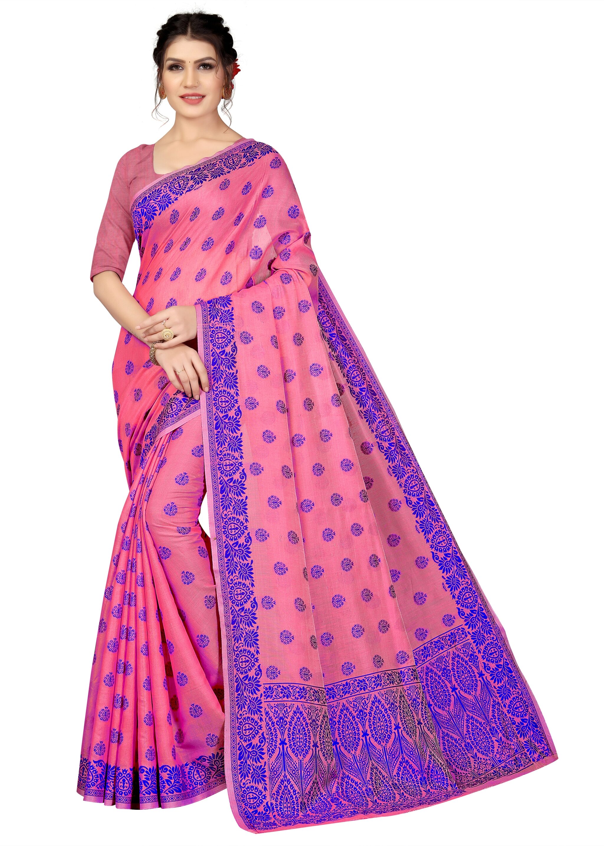 

Women Mode Cotton Blend Printed Pink Color Saree with Blouse