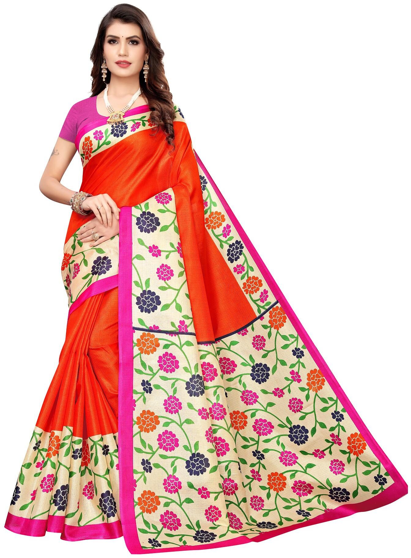 

Women Mode Designer Khadi Silk Saree With Blouse Piece Orange