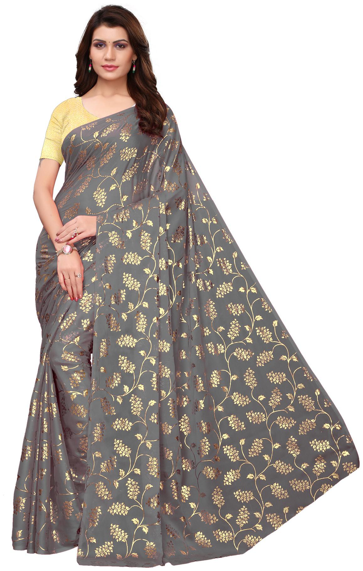 

Women Mode Georgette Designer Saree With Blouse Grey