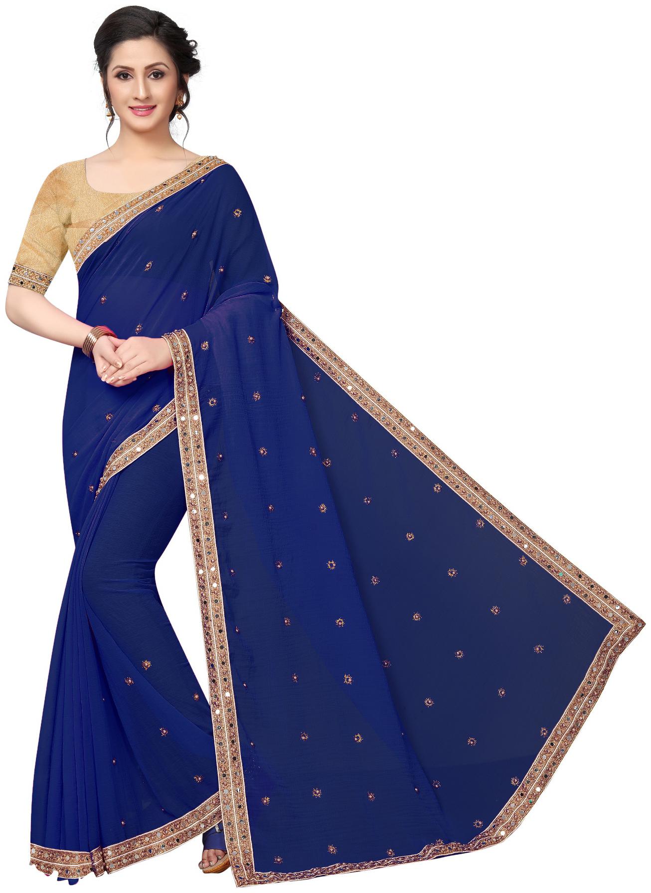 

Women Mode Blue Embroidered Chanderi Designer Saree With Blouse With blouse