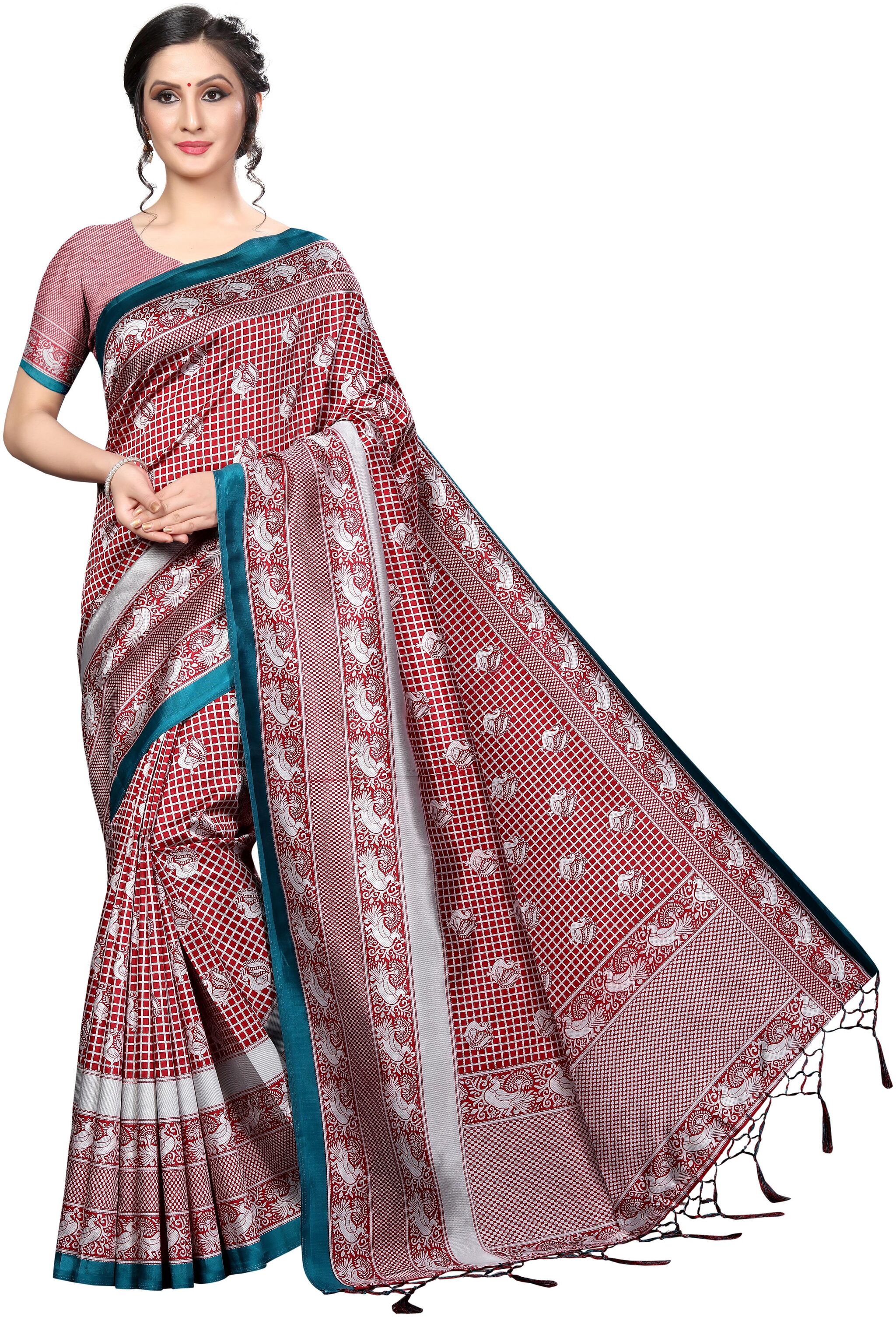 

Women Mode Red Cotton Blend Printed Saree For Women s
