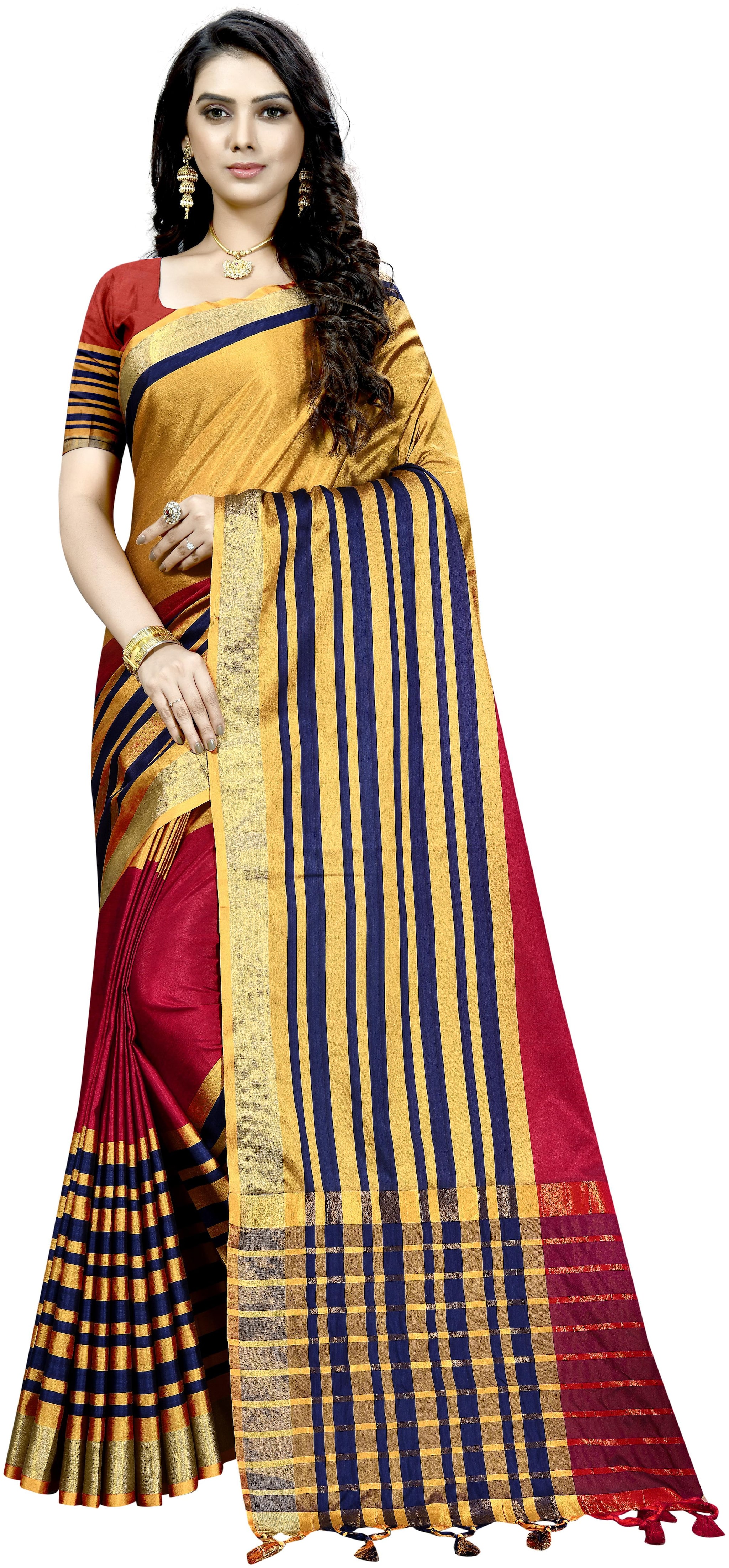 

Women Mode Multi Cotton Blend Striped Saree For Womens