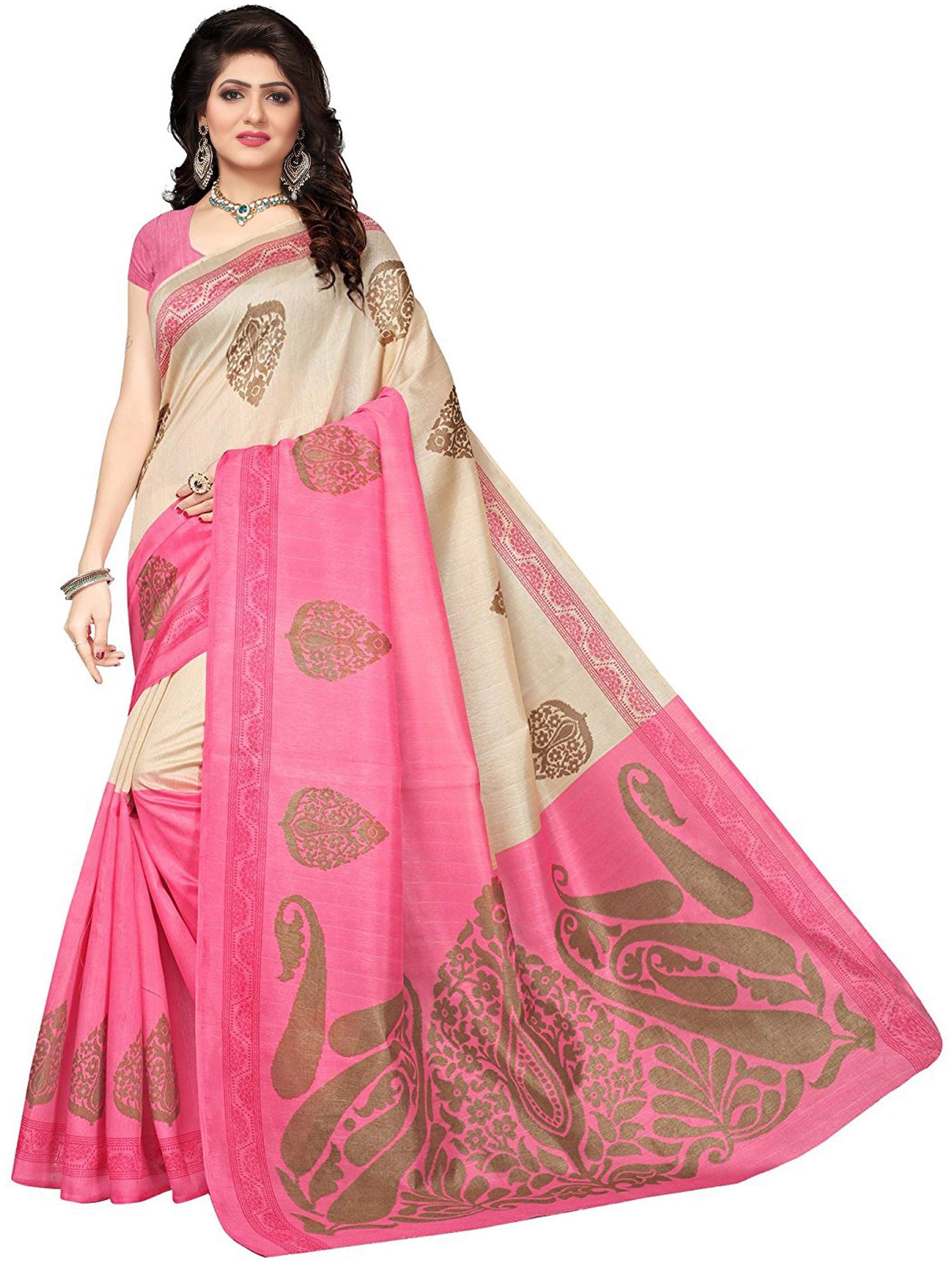 

Women Mode Silk Wedding Designer Saree Pink Cream
