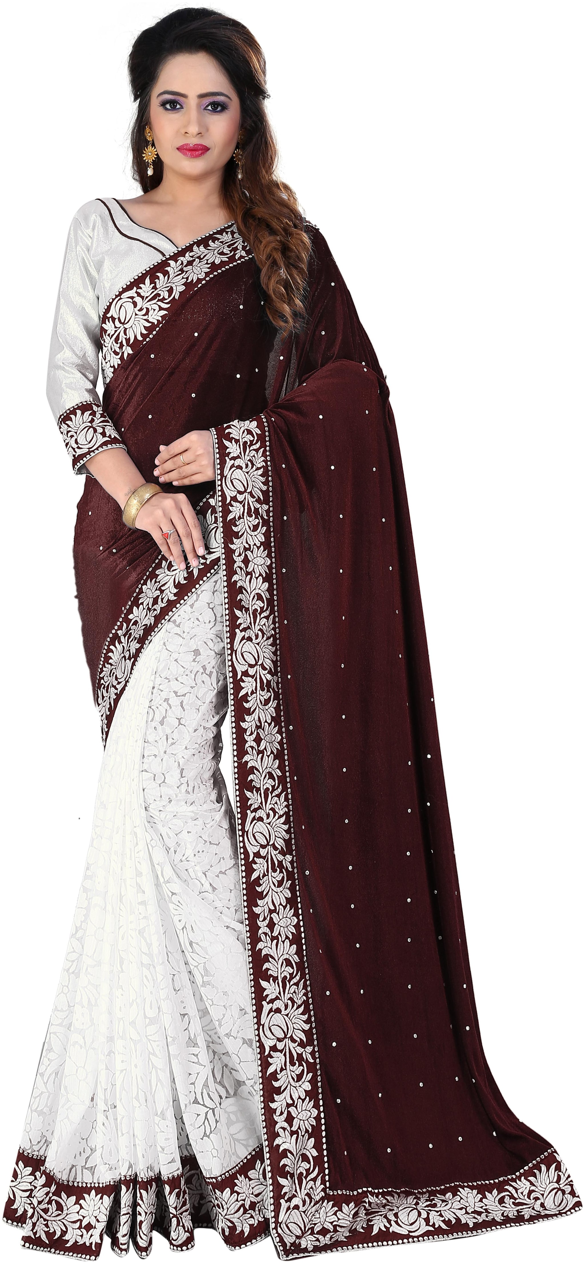 

Women Mode Velvet Brown Self Design Designer Saree For Women