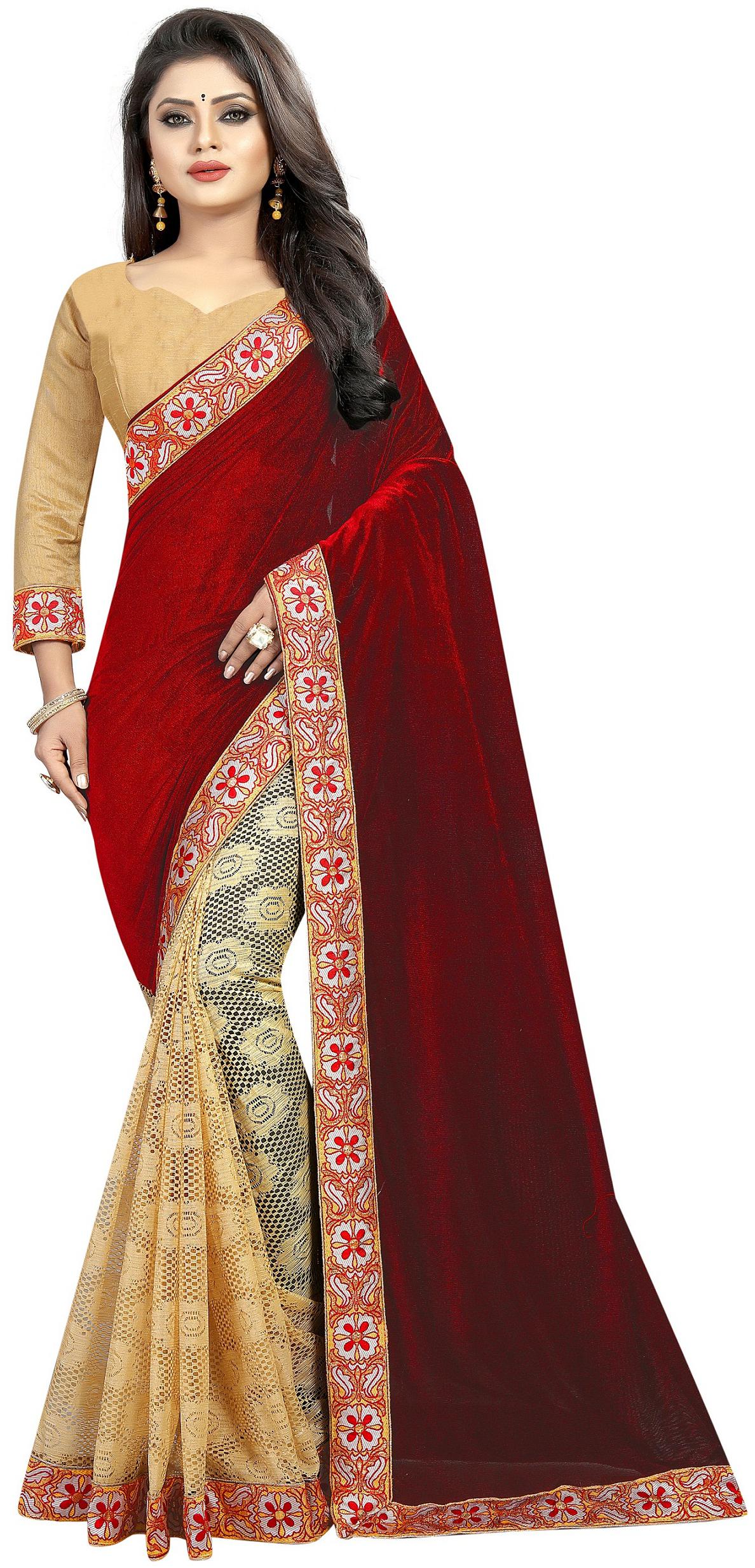 

Women Mode Velvet Red Self Design Designer Saree For Women