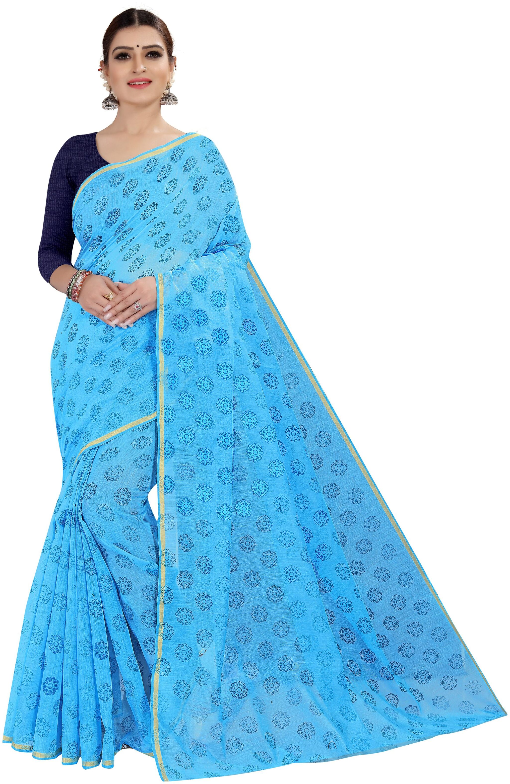 

Women Mode Women Cotton Blend Printed Saree Blue