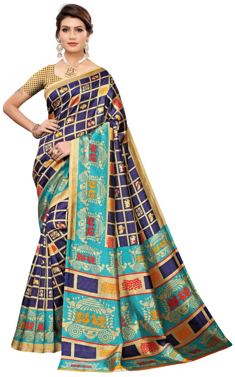 

Women Mode Women Artificial Silk Regular Saree With Blouse (Navy Blue)