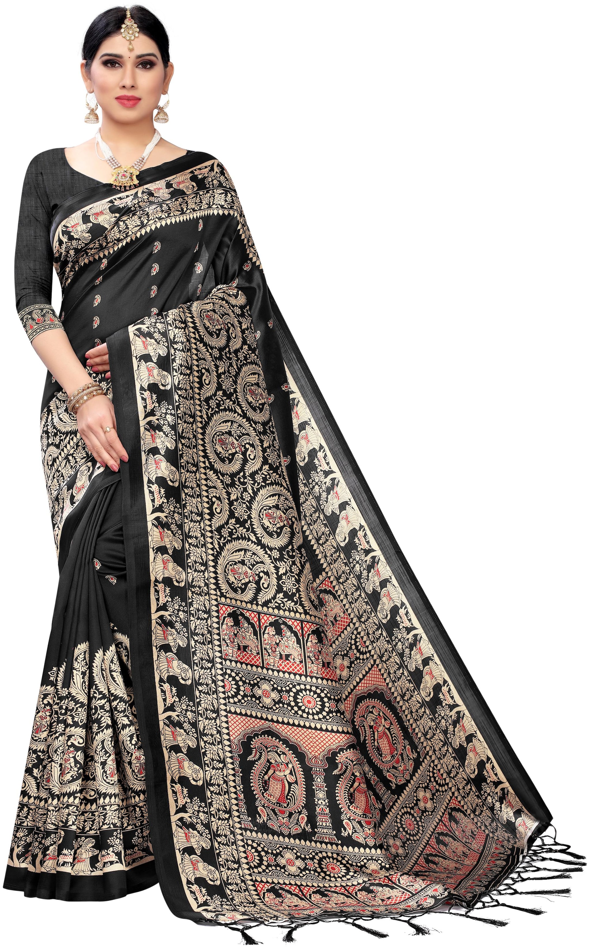 

Women Mode Women Artificial Silk Woven Black Designer Saree With Blouse