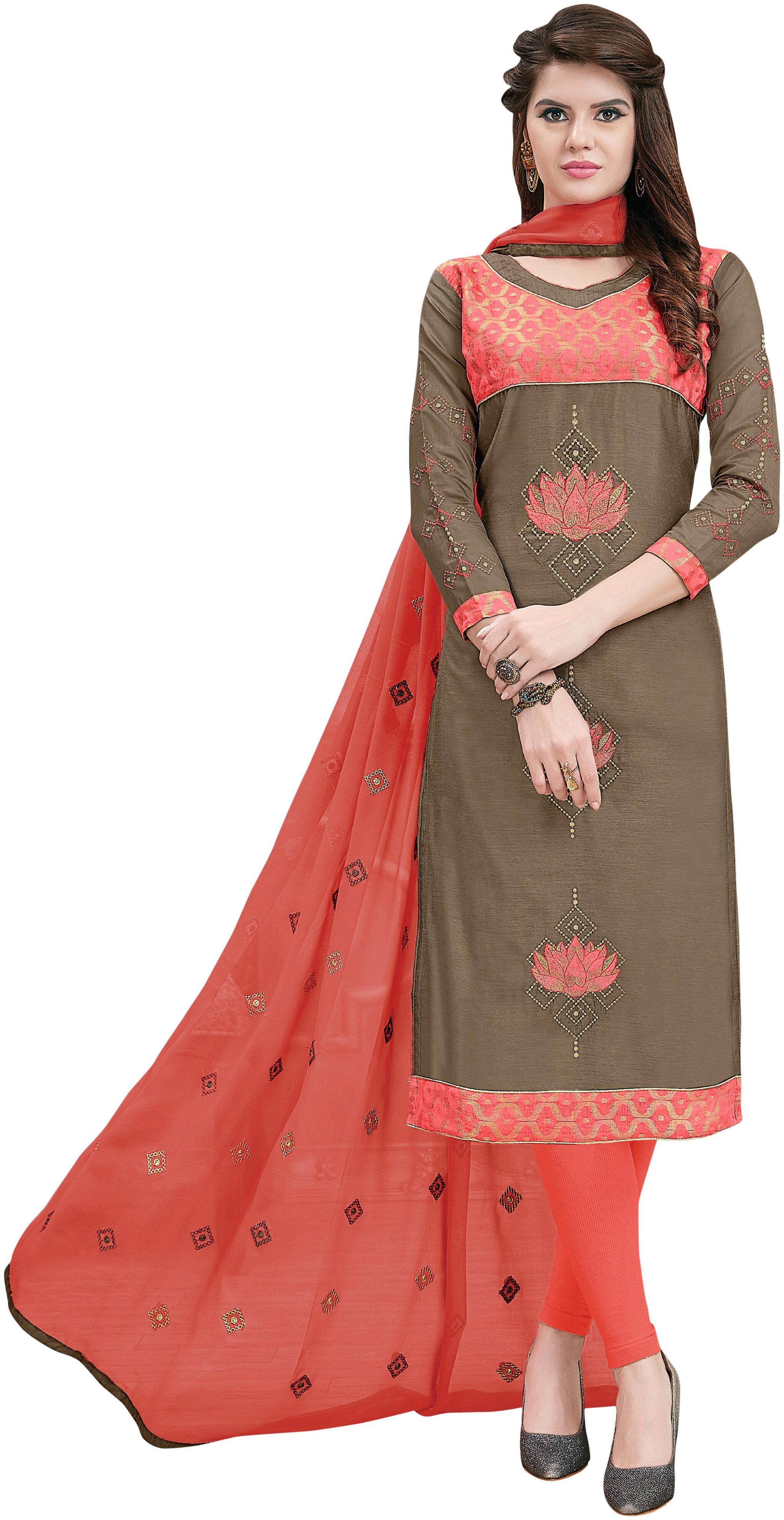 

Women Multicolour Semi Stitched Embroidered Cotton Blend Dress Material