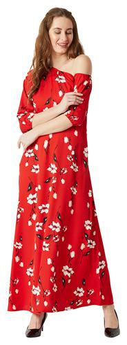 

Women Multicolored One-Shoulder 3 4 Sleeves Floral Belted Tie-Up Maxi Dress