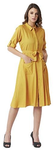 

Women Mustard Yellow Round Neck Rolled Up Half Sleeve Solid Buttoned Paneled Belted Midi Shirt Dress