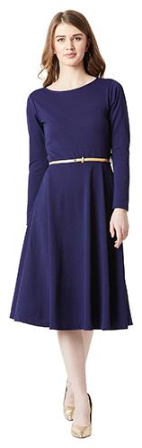 

Women Navy Blue Round Neck Full Sleeve Solid Skater Midi Belted Dress