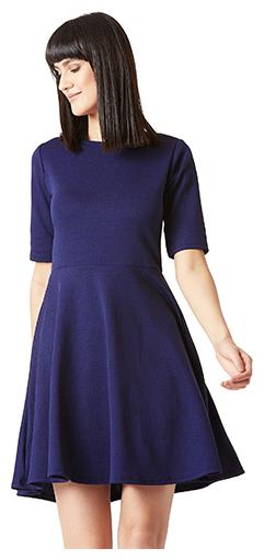 

Women Navy Blue Round Neck Elbow Sleeves Back Cut Out Solid Skater Button Detailing Knee-Long Dress