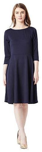 

Women Navy Blue Round Neck 3 4 Sleeve Solid Criss Cross Back Knee-Long Skater Dress